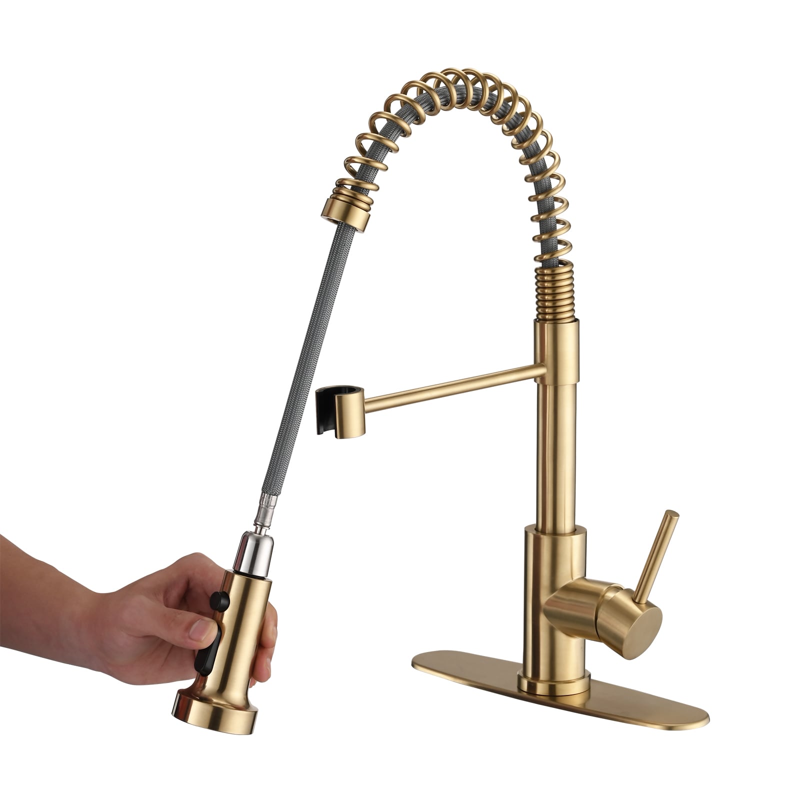 Brushed Gold Single Handle Pull-down Kitchen Faucet with Sprayer (Deck Plate Included) | - Fapully FA-E-1013NG-D