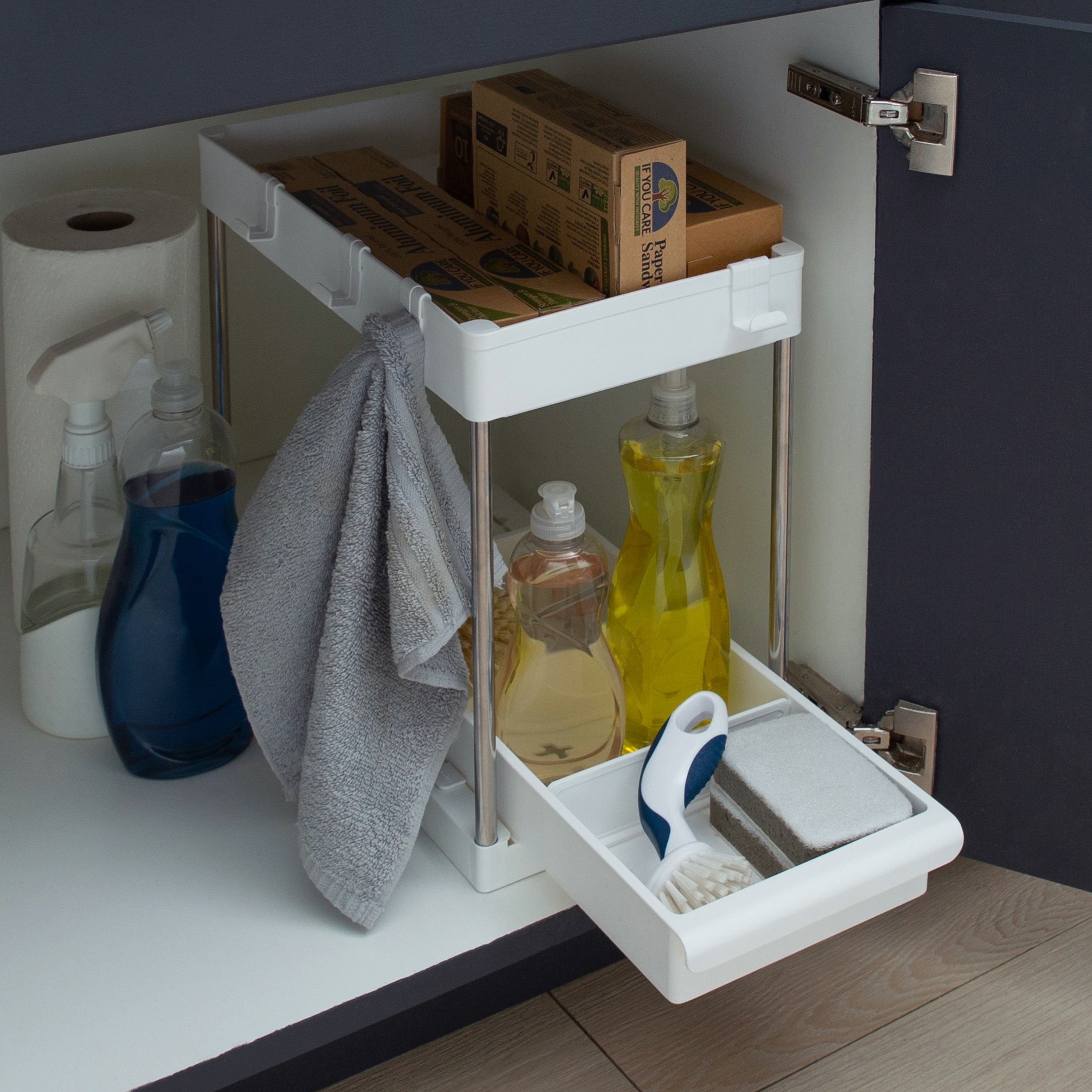 Simplify 2-Tier White Plastic Sink Organizer with Drawer