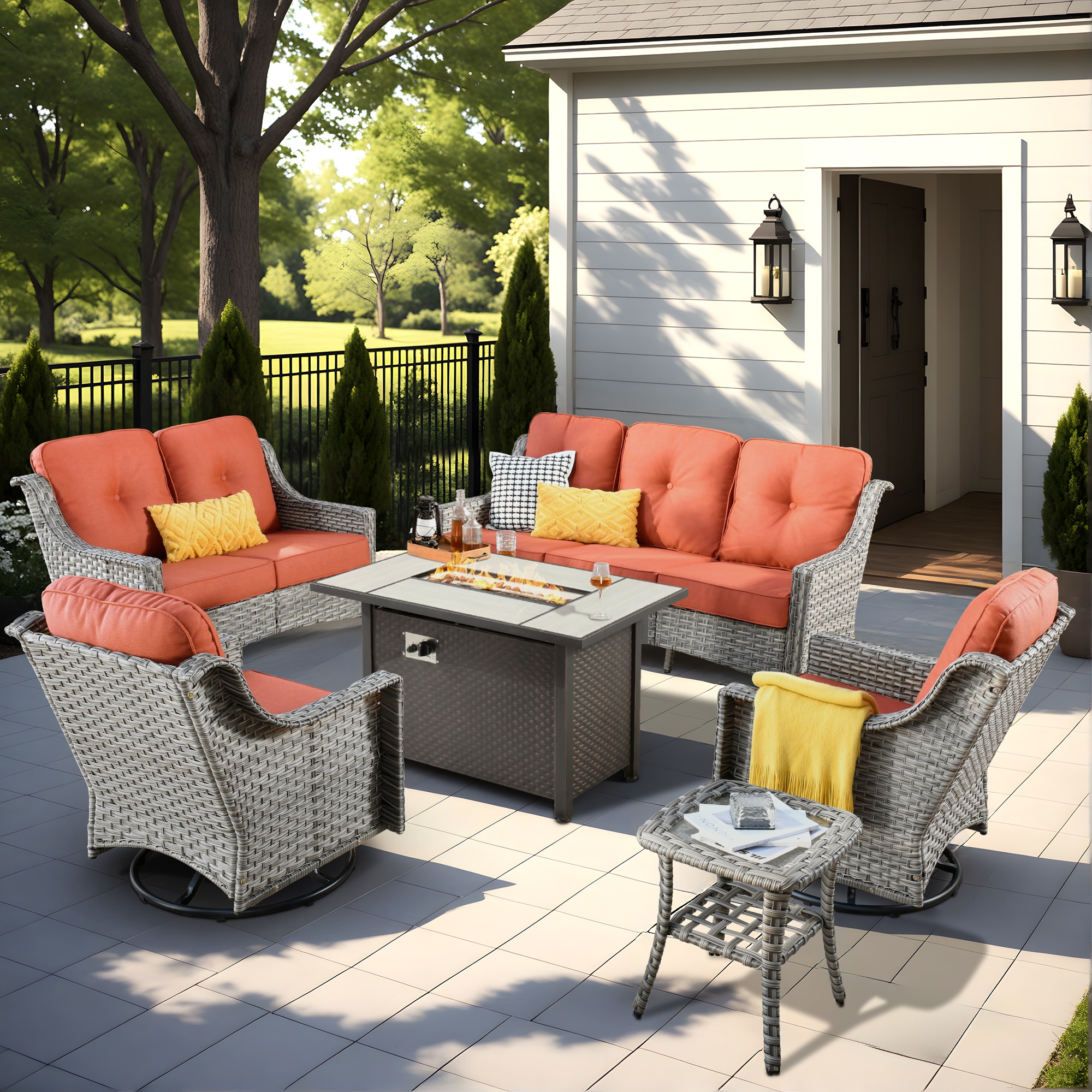 Pouuin SCFPAD80C6 6 -Piece Wicker Patio Sofa Conversation Set with Red Cushions