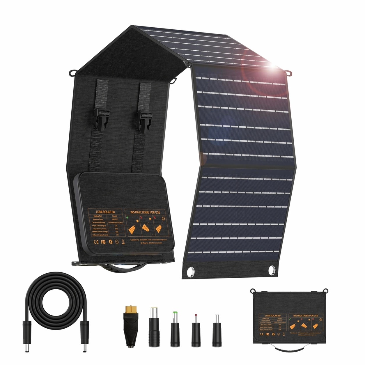 Vrbgify  60W Foldable Solar Panel Kit Portable Waterproof High Efficiency Charger with USB C QC3 0 USB A and DC Output for Camping Hiking RV