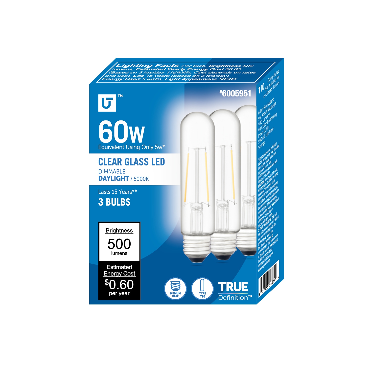 Utilitech 16C21-T10-C-5W-50 60 -Watt EQ T10 Daylight E26 Dimmable LED General purpose Light Bulb 3 -Pack