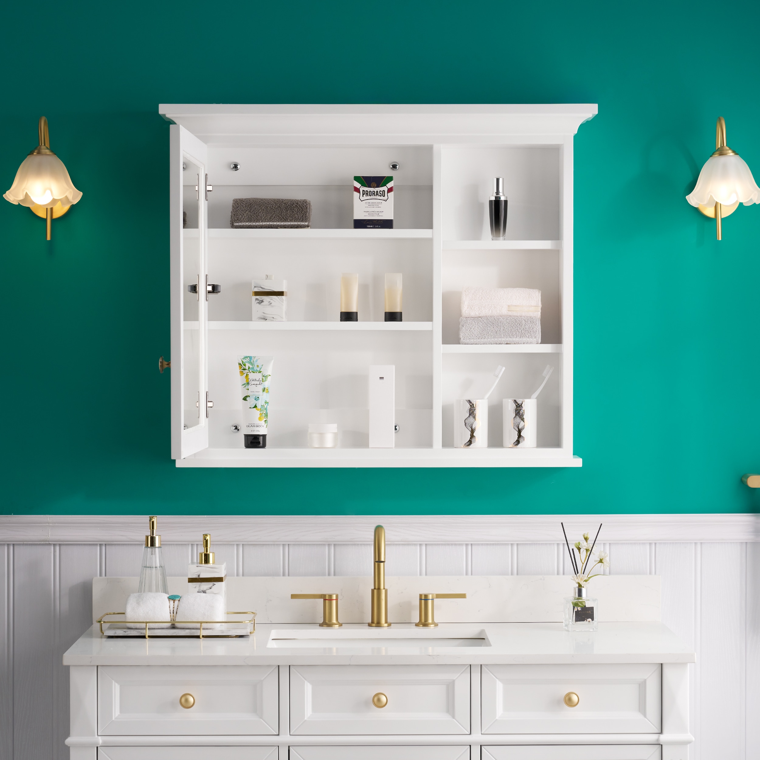 Forclover Solid Wood 36-in x 30-in Lighted Surface Mount White Mirrored Soft Close Medicine Cabinet