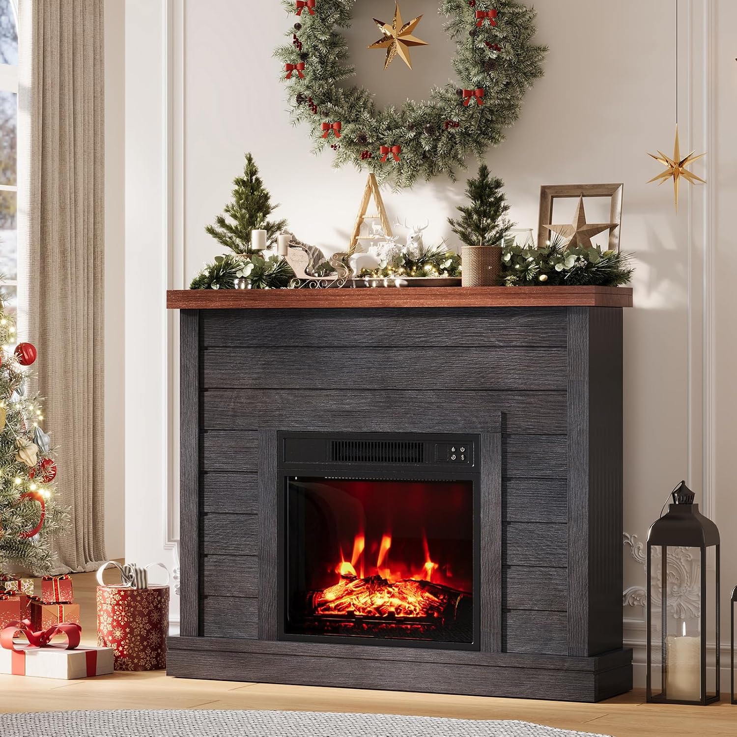 GAOMON 38 Inch Freestanding Electric Fireplace TV Stand with Mantel- 18 Inch Fireplace Insert- Adjustable Flame and Temperature- Remote Control Modern Home Entertainment Furniture