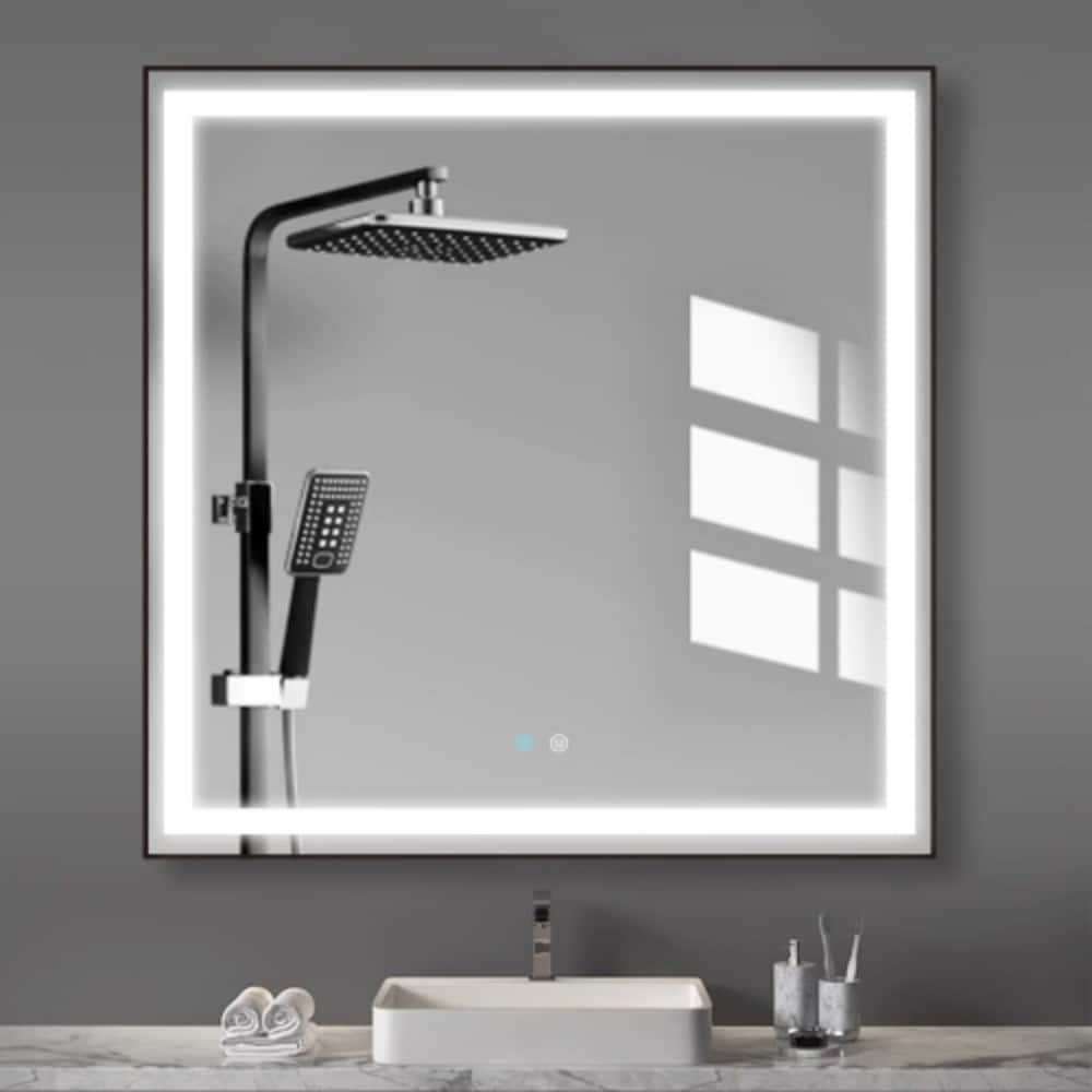 AAZJ BG-FR-3636-M Bathroom Mirrors 36-in x 36-in Framed Square Dimmable LED Lighted Fog Free Bathroom Vanity Mirror ( Natural )