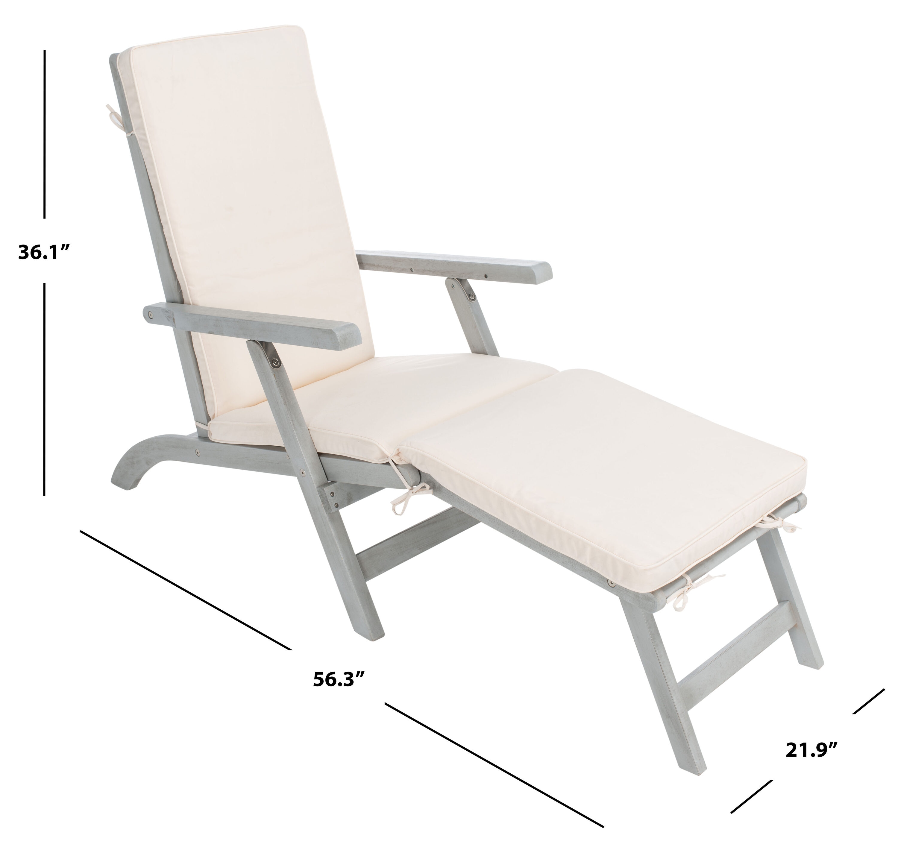 Ocean Liner Inspired 48" Grey Acacia Wood Chaise Lounge with Beige Cushion