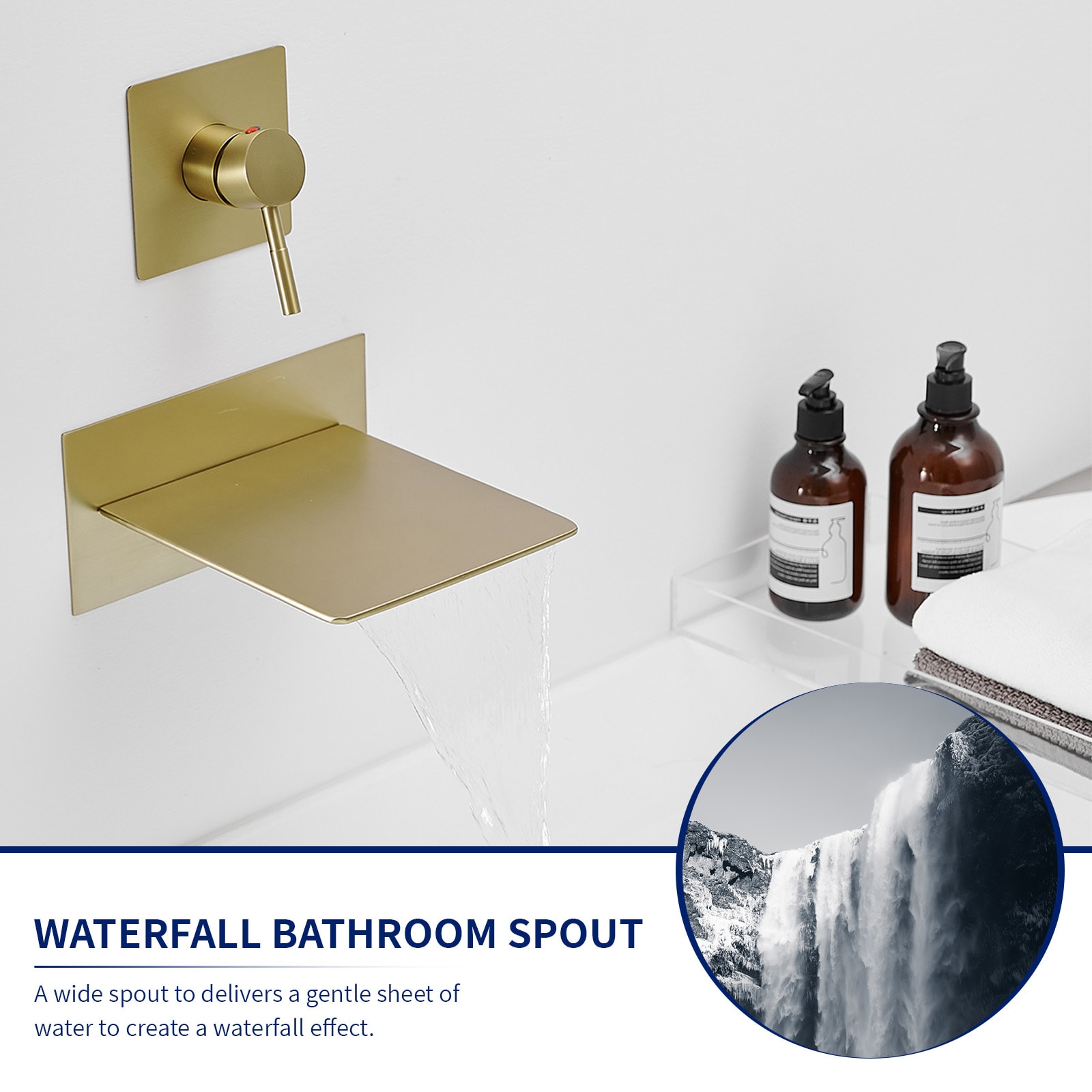 Brushed Gold Wall-Mount Waterfall Bathtub Faucet with Lever Handle