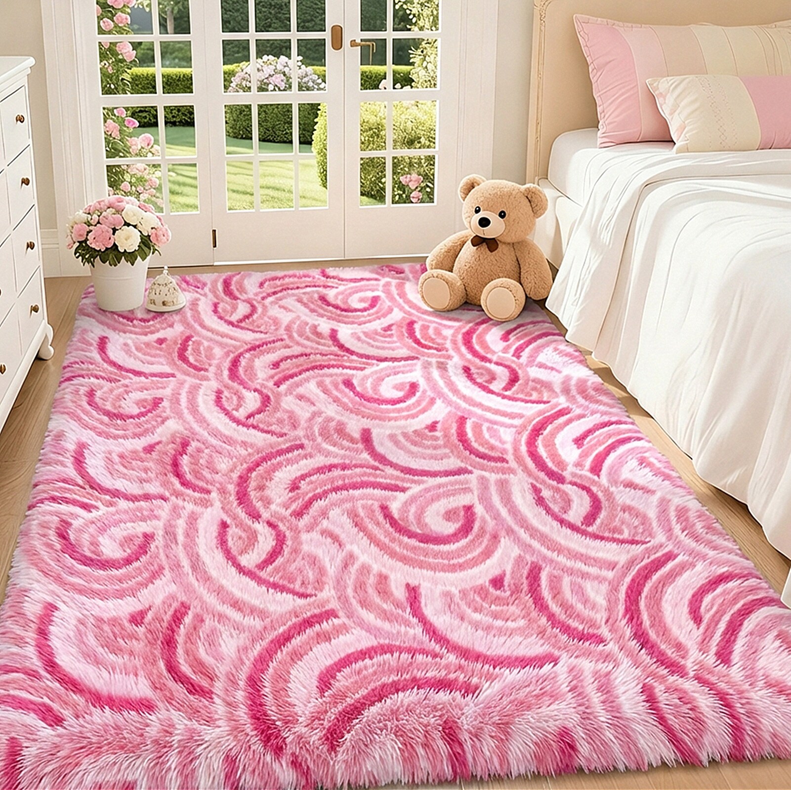 HEBE 5x7 (ft) Fluffy Shaggy Pink Rugs Extra Soft Indoor Gradient Curl Stripes Bedroom Living Room Area Rug