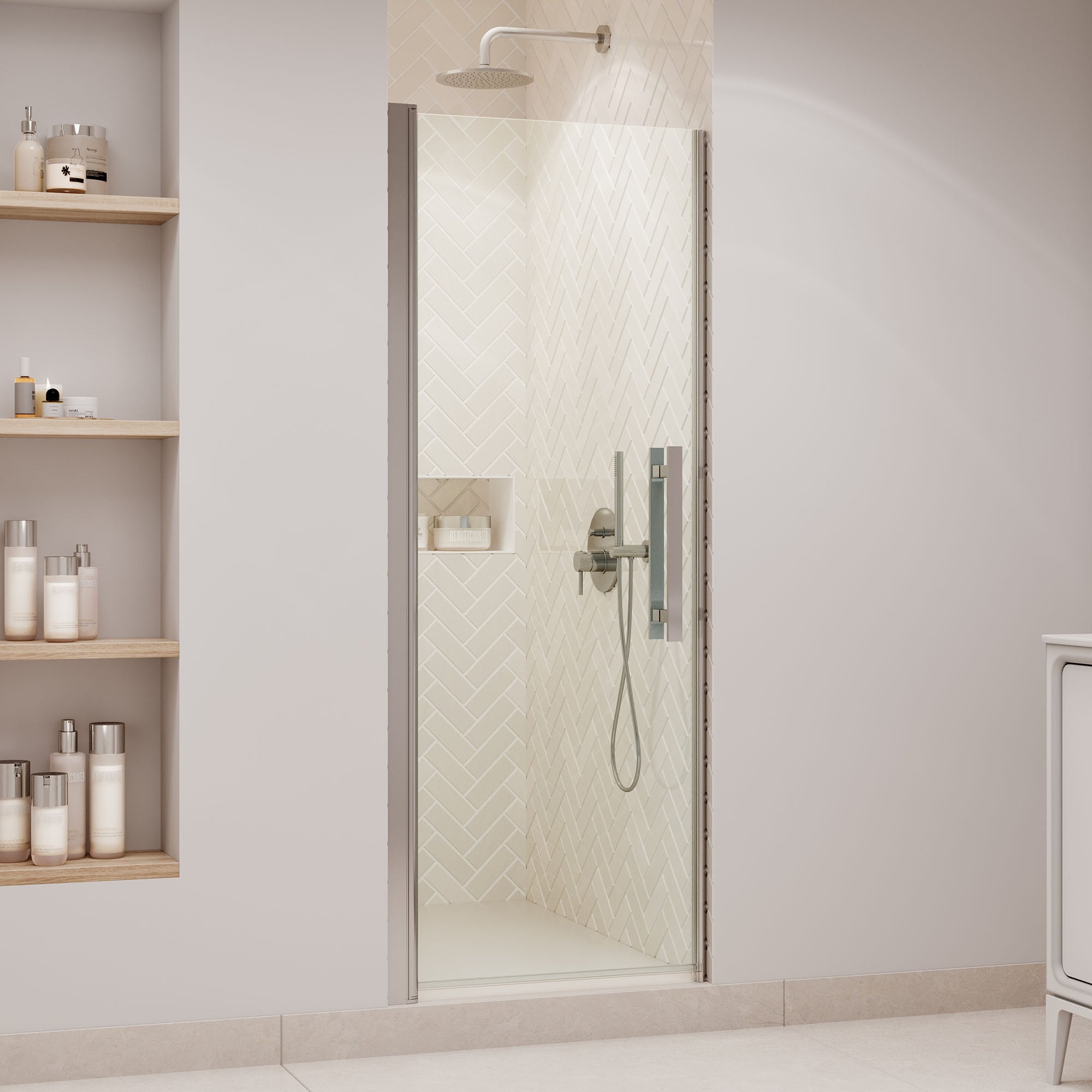 OVE Decors 15SGP-PASA29-SAT Pasadena Satin Nickel 28-in to 29-7/16-in W x 72.01-in H Frameless Clear Glass Pivot Shower door