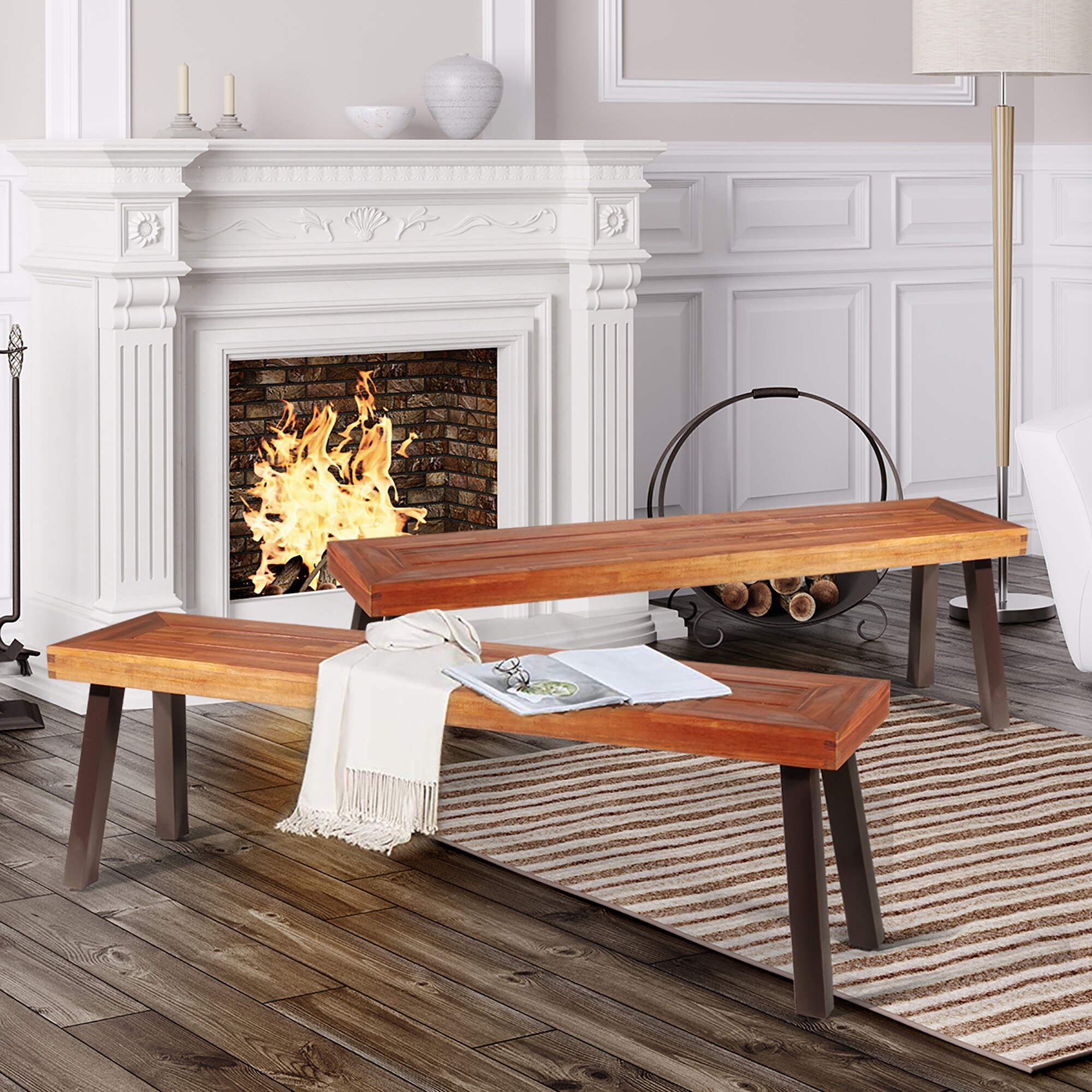 Rustic Acacia Wood and Black Steel 59" Outdoor Bench