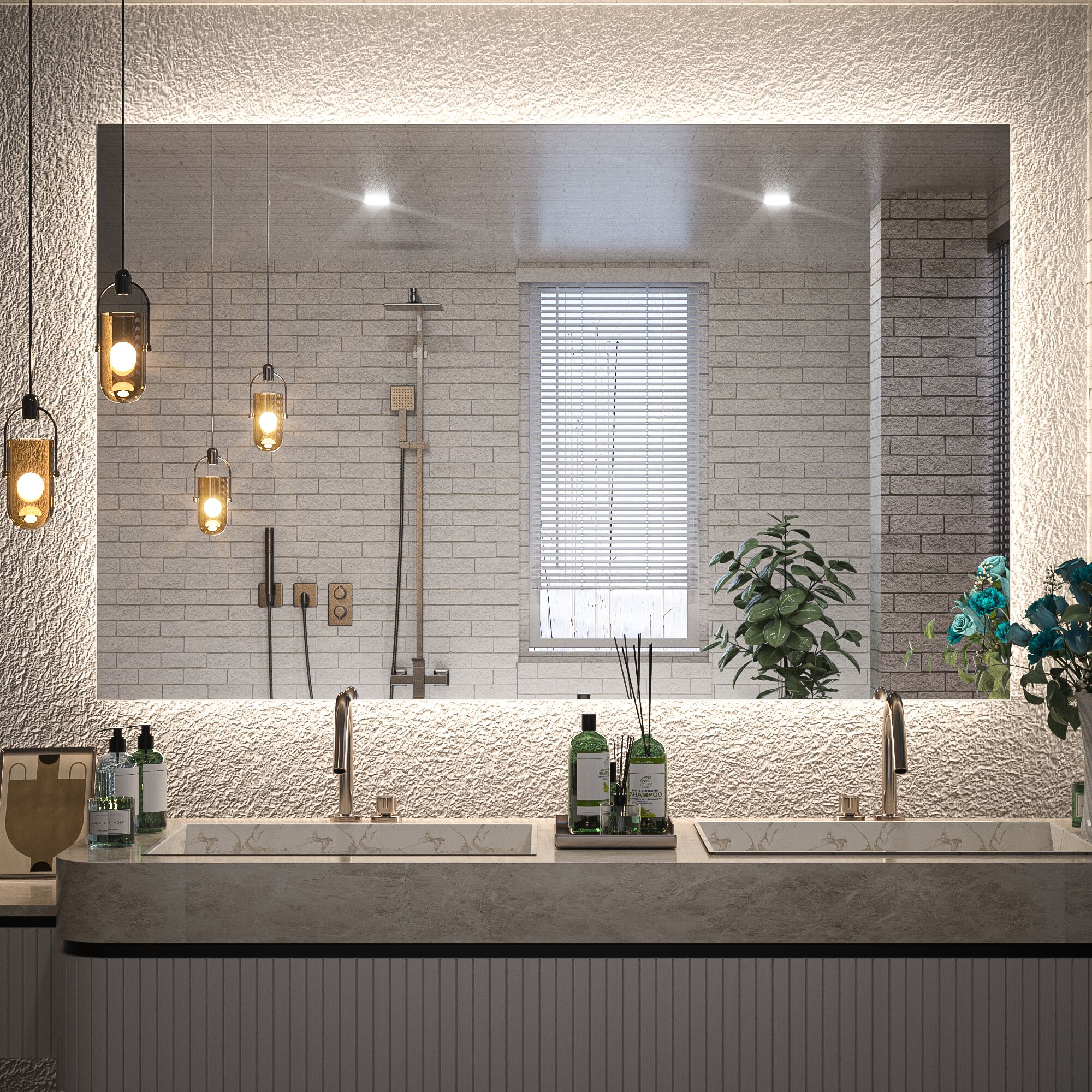 Keonjinn LW-JZ-BG-12176 Backlit Bathroom Mirrors Tempered Glass 48-in x 30-in Polished Frameless Rectangle Dimmable LED Lighted Fog Free Bathroom Vanity Mirror ( Bright White )