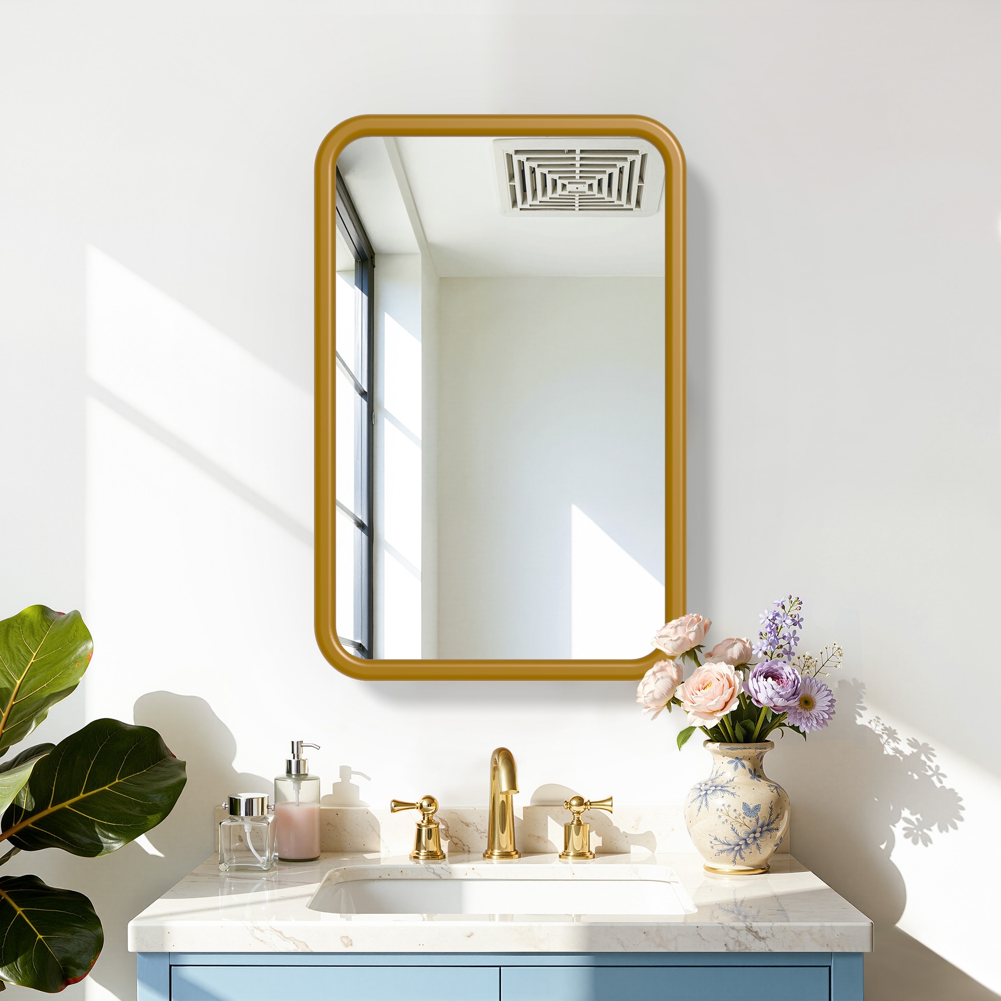 PexFix 20-in W x 30-in H Metal Rectangle Medicine Cabinet with Rounded Corner Bathroom Storage Surface/Recessed Mount Gold