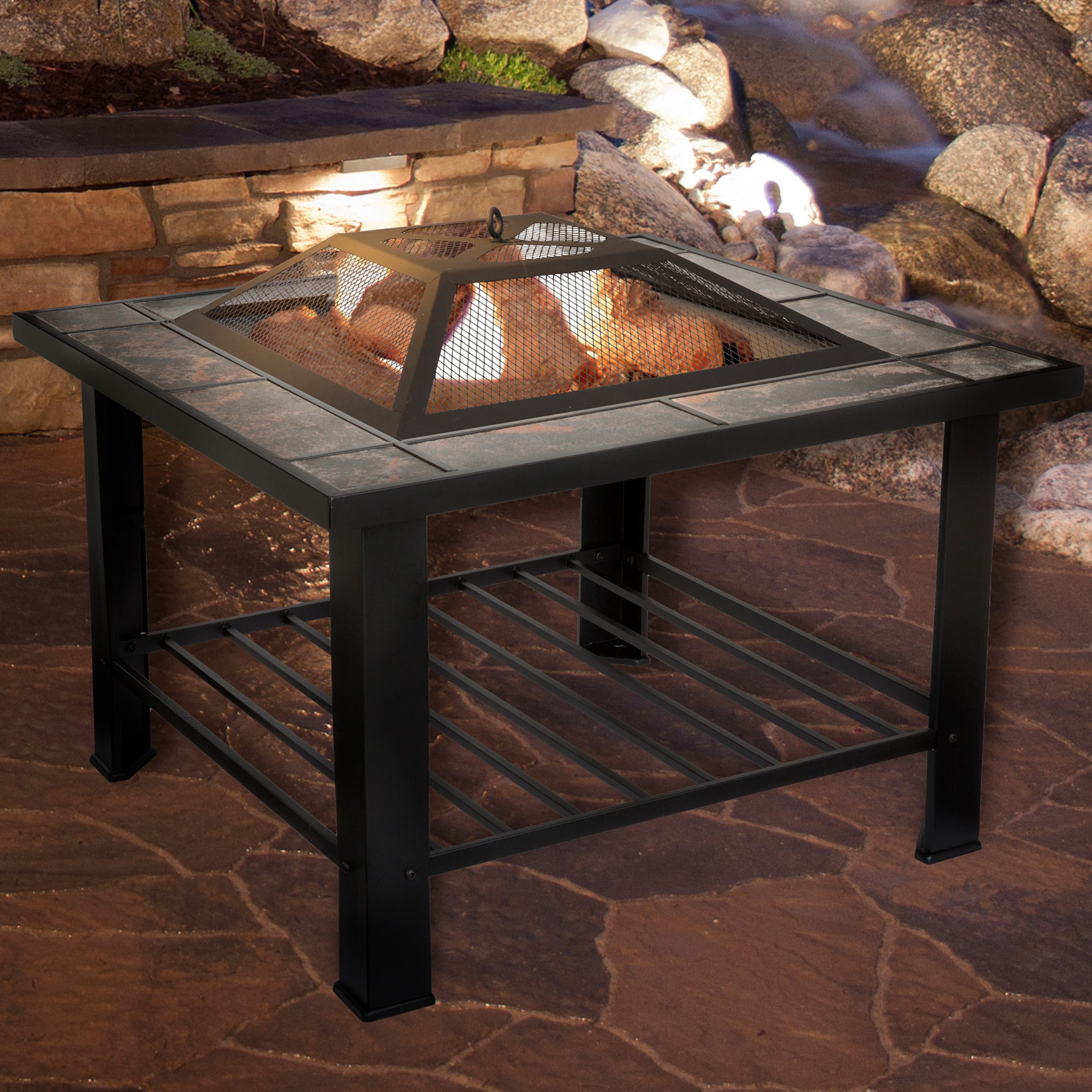 Nature Spring 6-Piece Fire Pit Table 30-in W Black Steel Wood-Burning ...