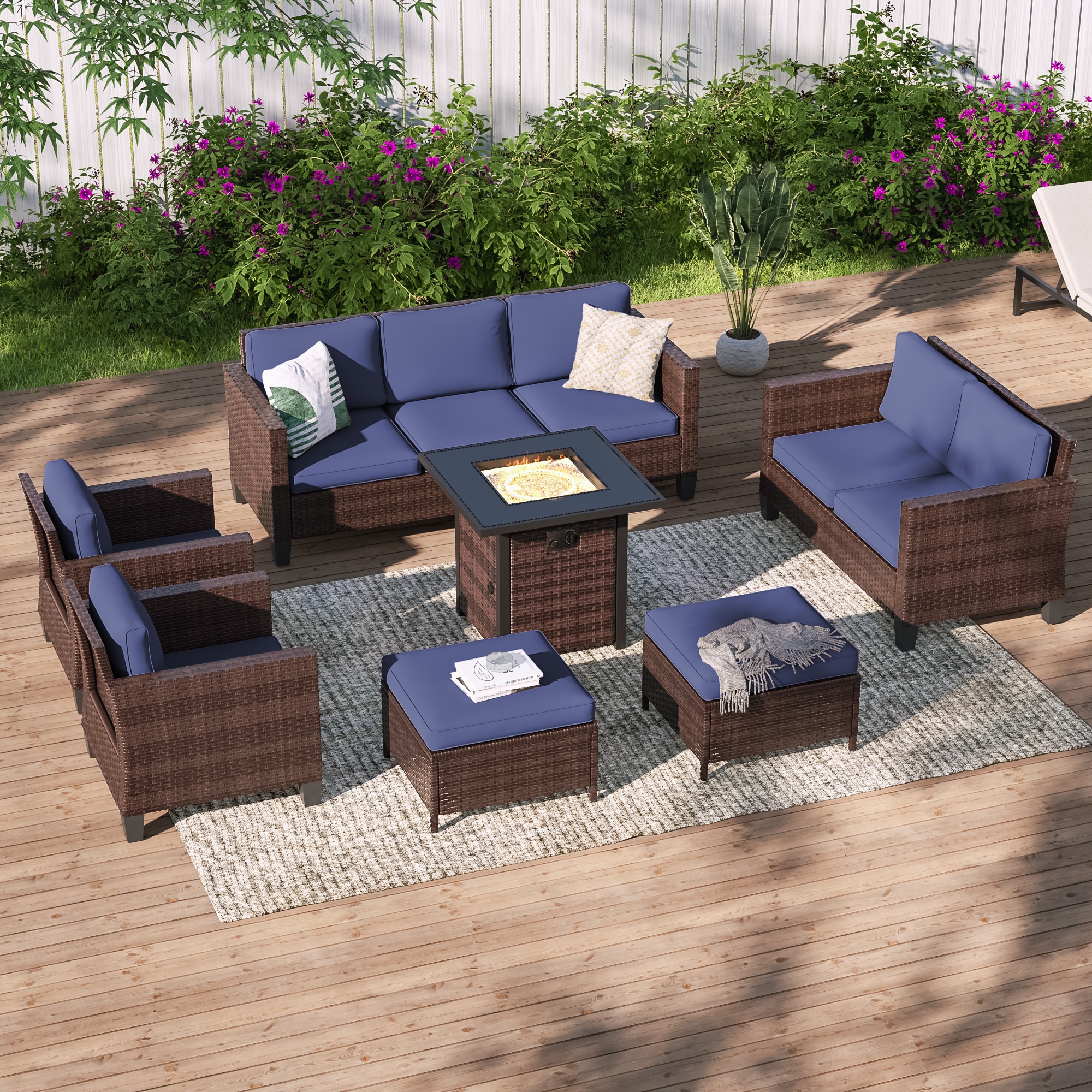 ACEGOSES LW-115BNY-S3T4 Skytop 7 -Piece Wicker Patio Sofa Conversation Set with Blue Cushions