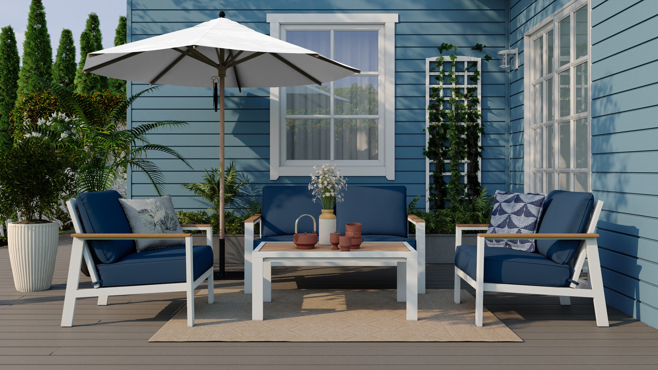 allen + roth Chatham Pier 4-Piece Patio Conversation Set with Blue Cushions