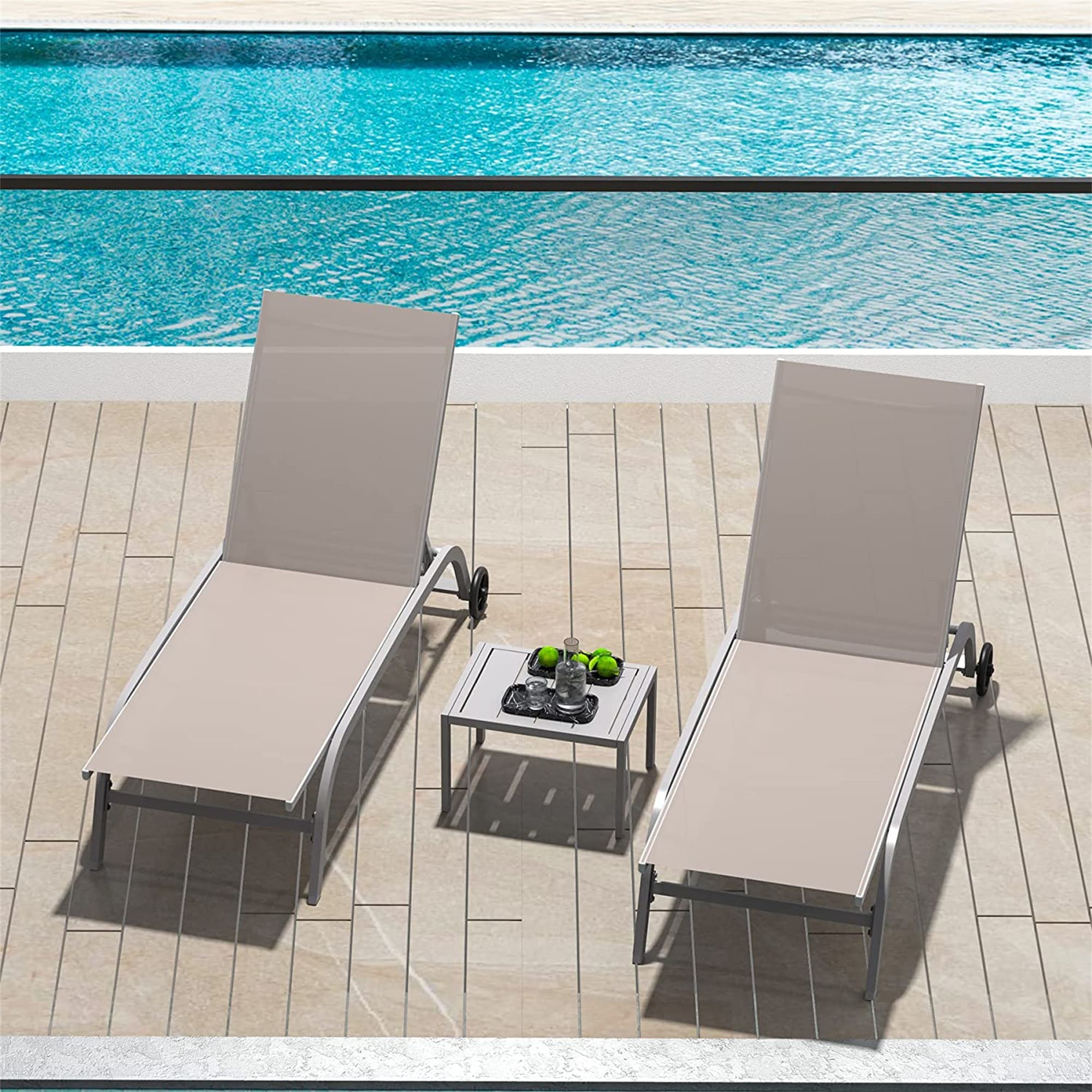 Forclover MOMNCPLCH12 Set of 3 Adjustable Back Lounge Chair with Side Table Set of 2 Gray Metal Frame Stationary Chaise Lounge Chair with Brown Solid Seat
