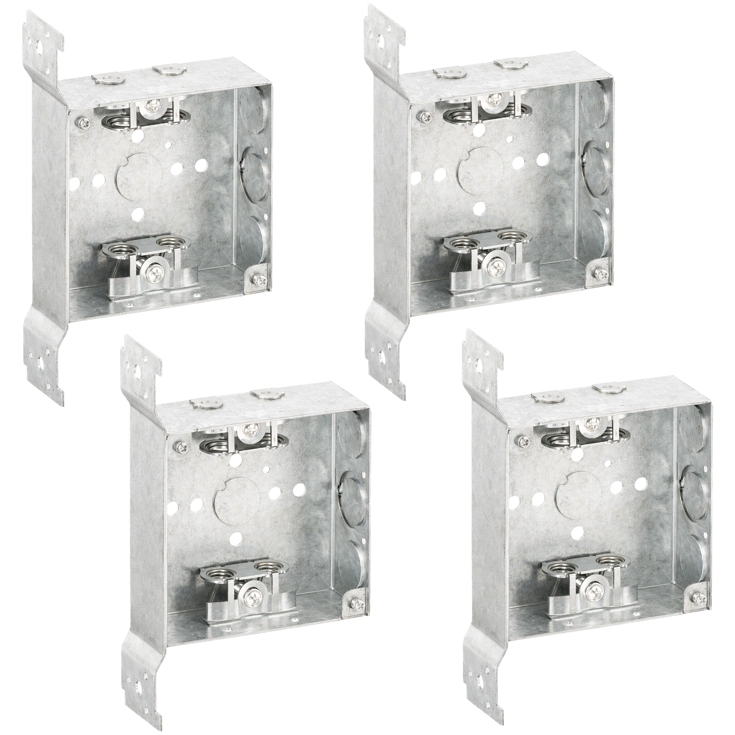 OHLECTRIC  4 Inch Square Welded Electrical Box 4 Pack with Wood Metal Stud Bracket 1 1 2 Inch Deep Box with 1 2 and 3 4 Inch Side Knockouts and BX MC Cable Clamps Galvanized Steel