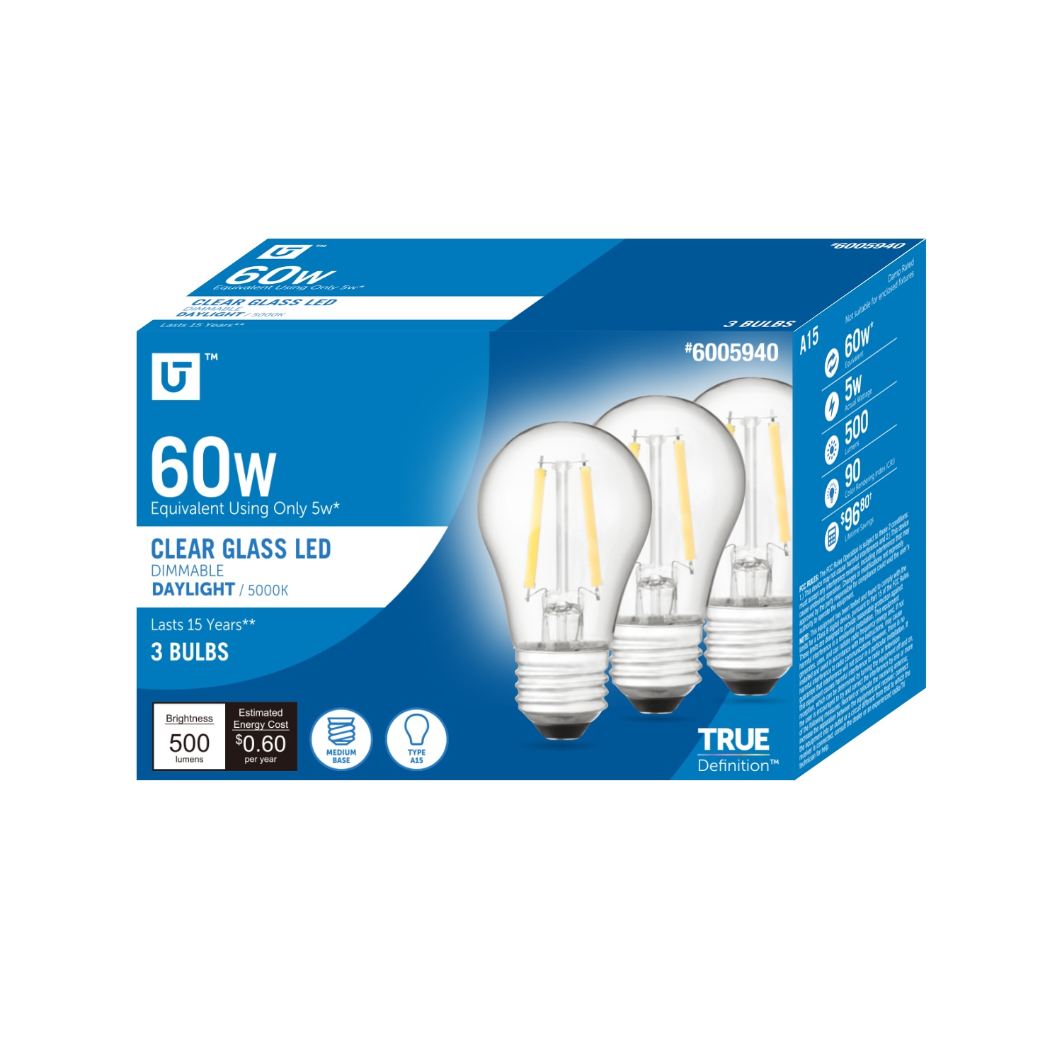 Utilitech 16A08-A15-C-5W-50 60 -Watt EQ A15 Daylight E26 Dimmable LED General purpose Light Bulb 3 -Pack