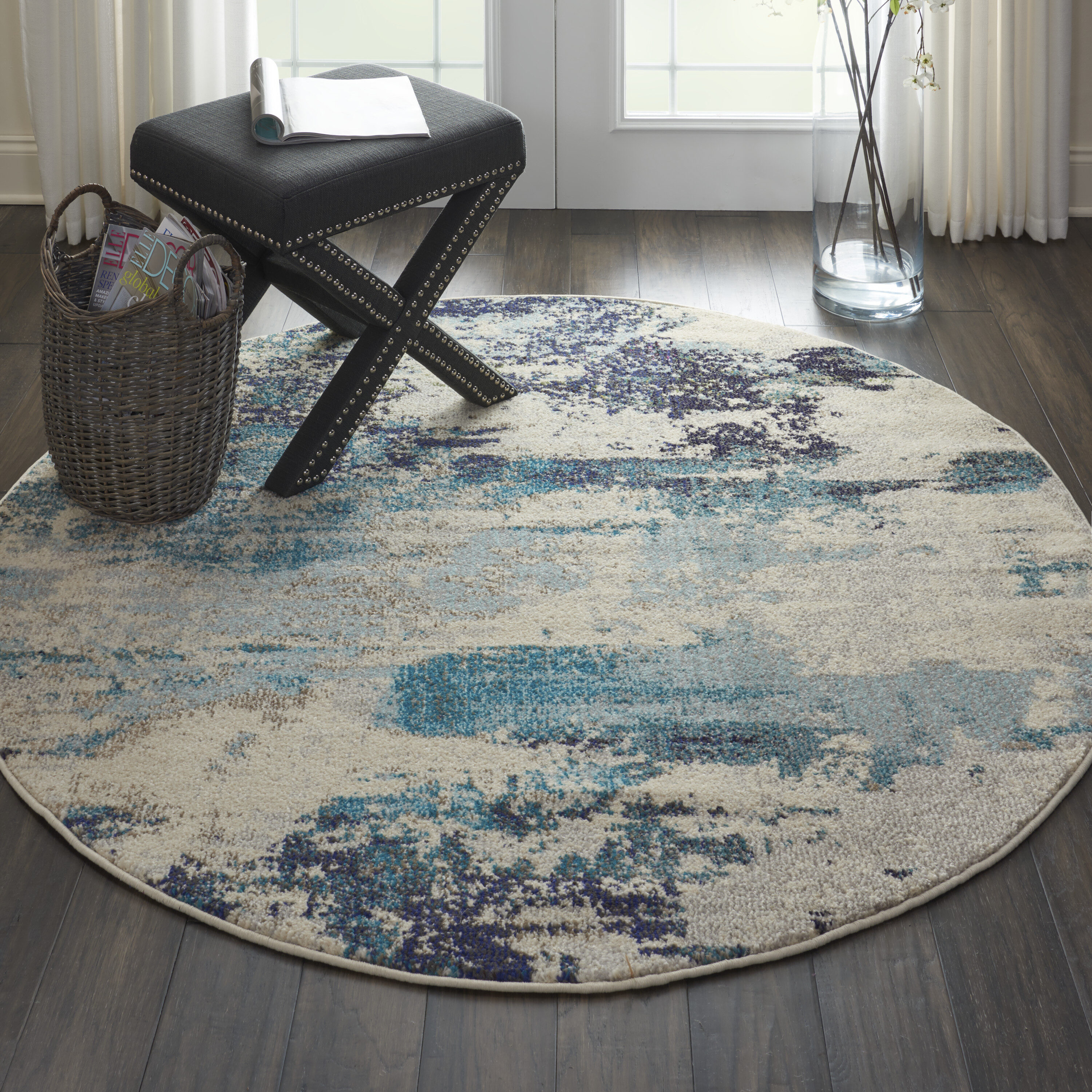 Nourison 99446722713 Celestial 4 x 4 (ft) Loomed Polypropylene Ivory/teal blue Round Indoor Ombre Area rug