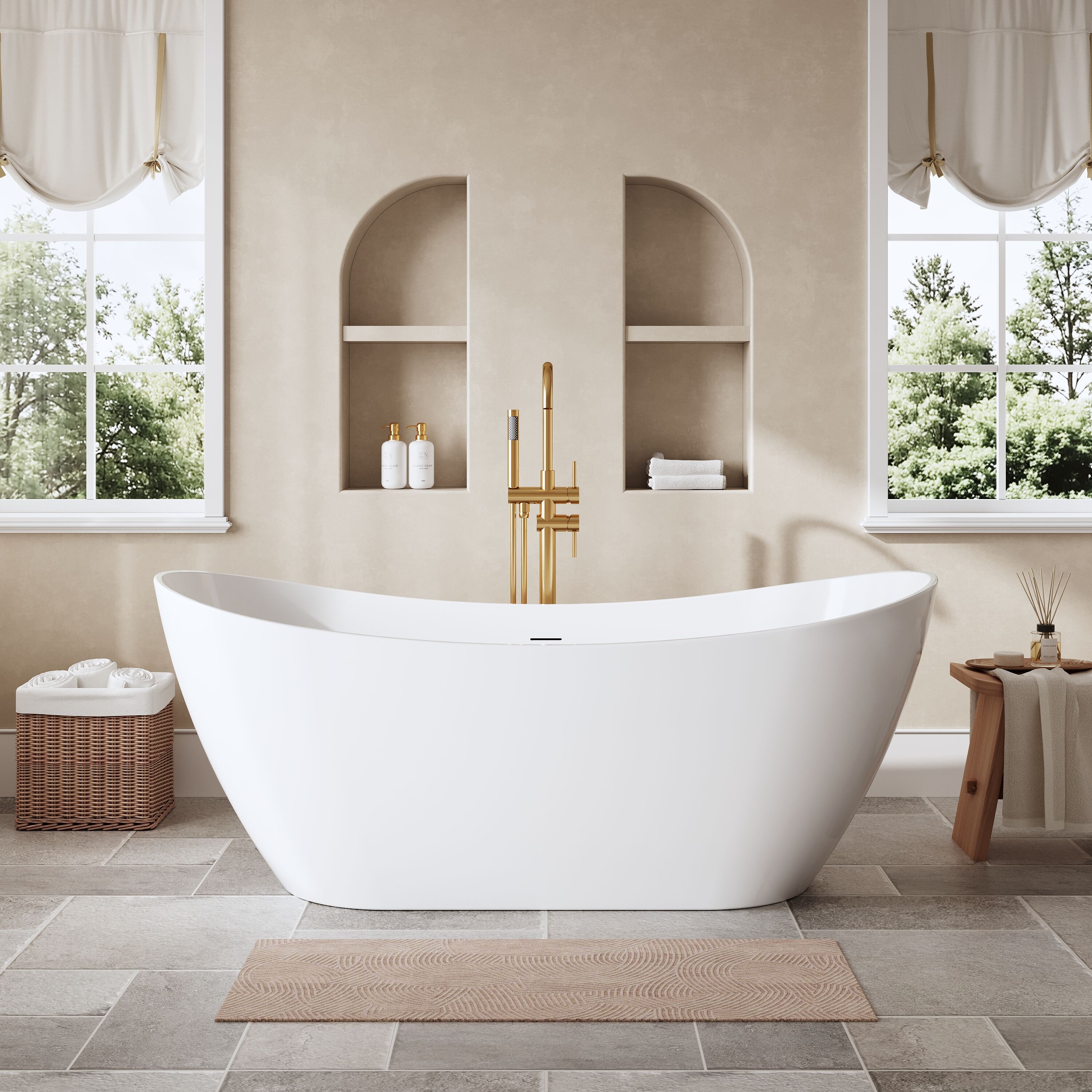 ANGELES HOME  67-in x 28.75-in Freestanding Glossy White Acrylic Oval  Soaking Bathtub With Chrome Drain ( Center Drain )