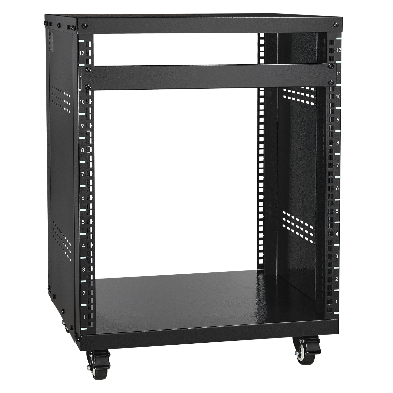 VEVOR SCLYSJJ12U1806432V0 12U AV Rack Stand  500 lbs Capacity  Network Stereo Recording Studio Rack with Lockable Caster Wheels Round and Square Holes  Special Vents for 19in  Audio Video Musical and IT Equipment Mounting