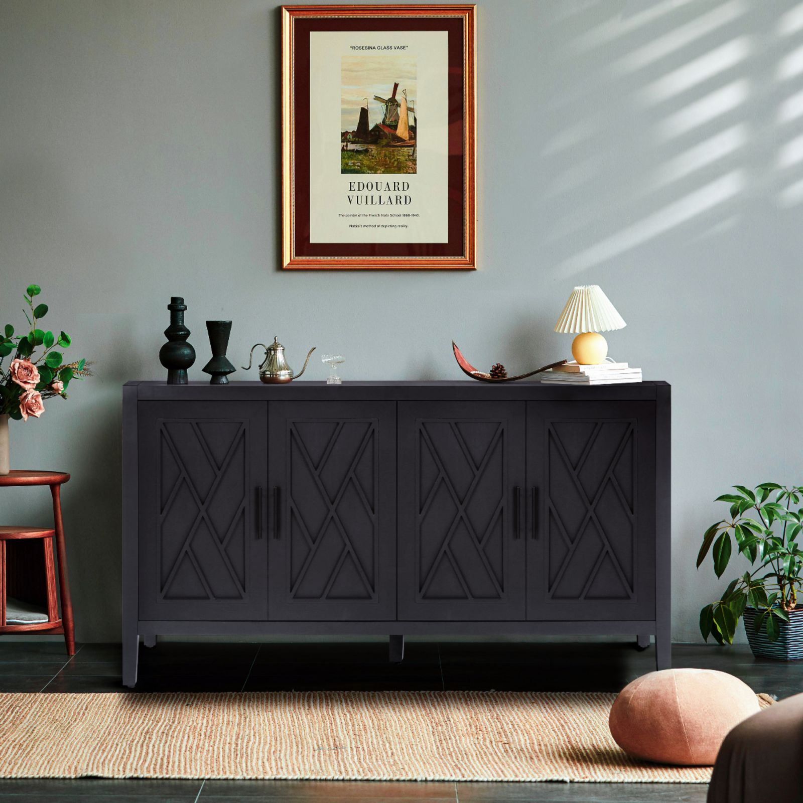 Qeetex Wooden Twill Sideboard Cabinet with 4 Doors Adjustable Shelf Vintage Country Style for Living Room Entryway Hallway Black Finish