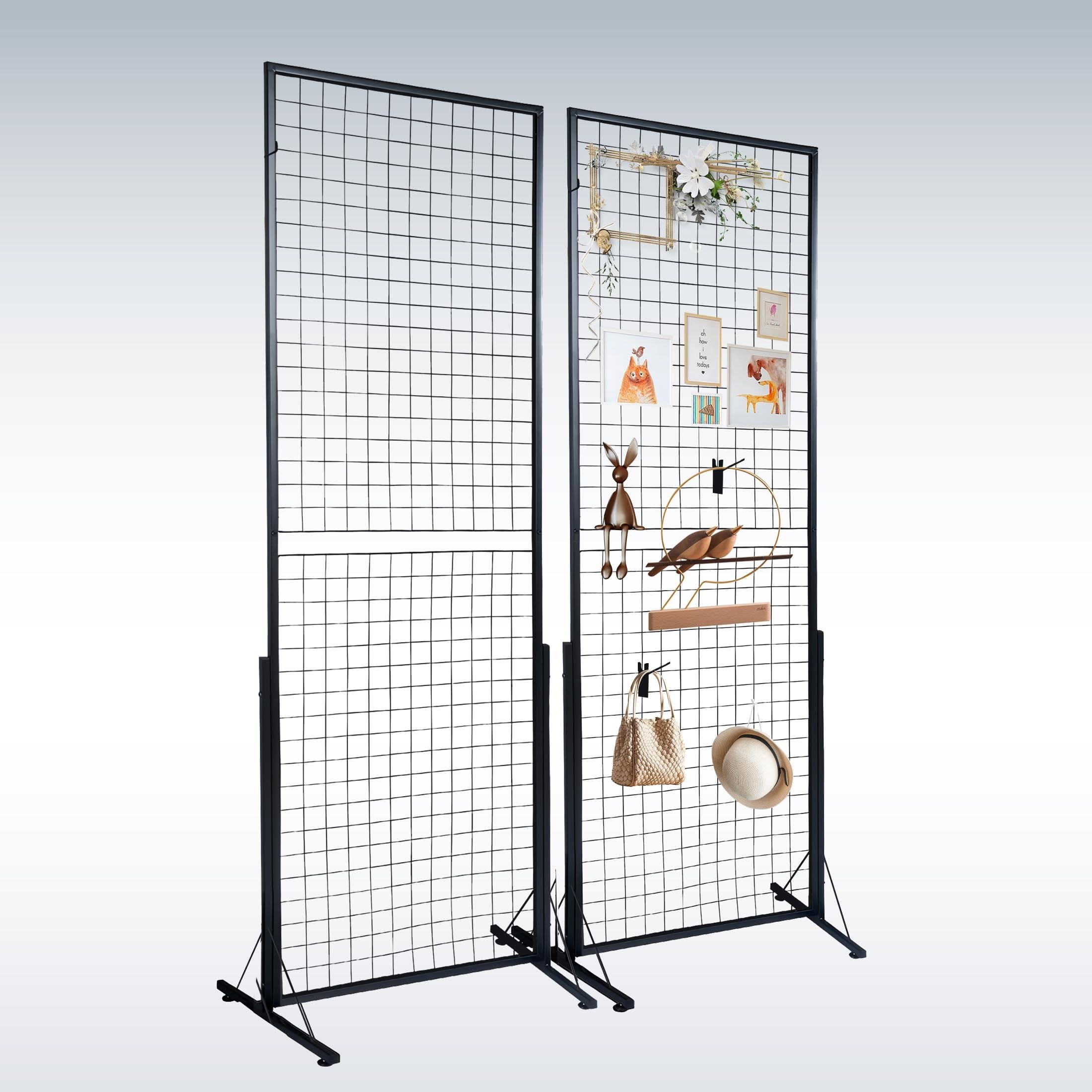 JUSHUA 67 x 24 in Grid Wall Panels 2 Packs Wire Gridwall Display Racks Tower with TBase Floorstanding Double Side Gridwall Panels for Art Craft Shows Retail Display with Extra Clips and Hooks