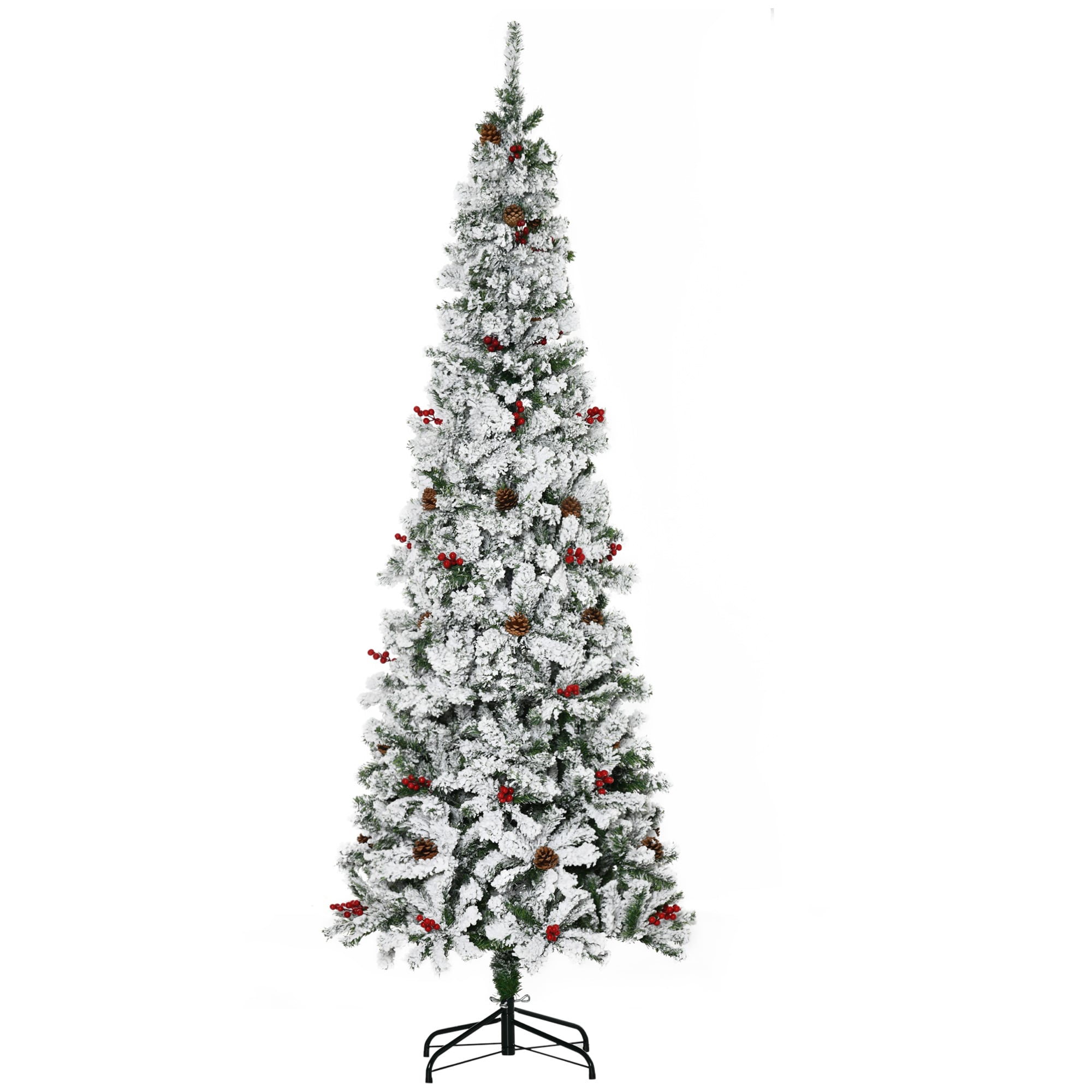 GDFStudio 7.5ft Pencil Snow Flocked Artificial Christmas Tree with 600 Pine Realistic Branches Pine Cones Red Berries Auto Open Green