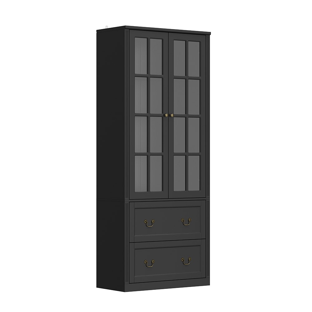 Homsee V-KF020314-02 Wooden Bookcase with Glass Doors and 2 Drawers Tall Cabinet Storage Organizer for Living Room or Study