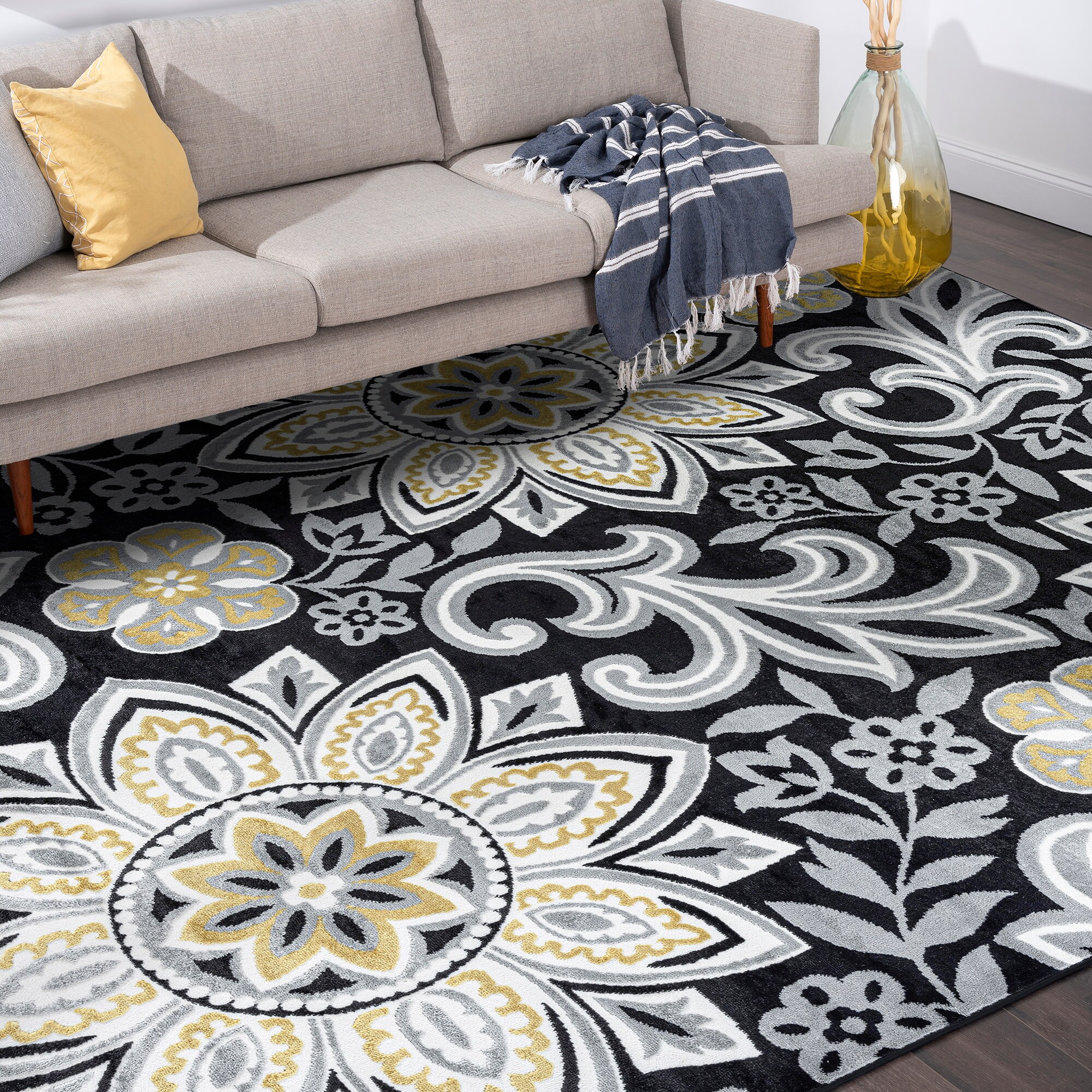 Tayse WYT1311 5X8 Wyatt 5 x 8 (ft) Loomed Polypropylene Yellow/Black Rectangular Indoor Floral/Botanical Farmhouse/Cottage Area rug