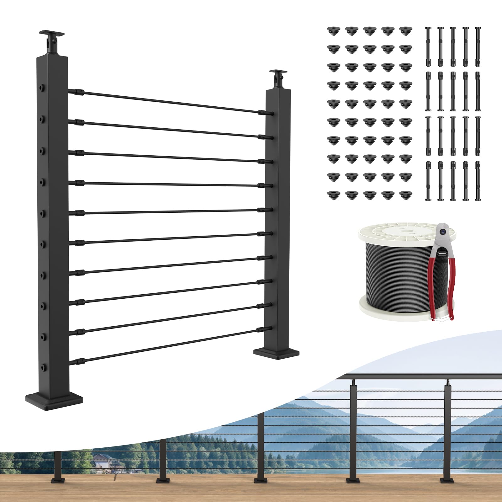 Misopily  Complete Set 36 Inch Cable Railing Post Kit Black Surface Mount Adjustable Top Cable Railing Kit 2 pack Level Posts 80FT Stainless Cable