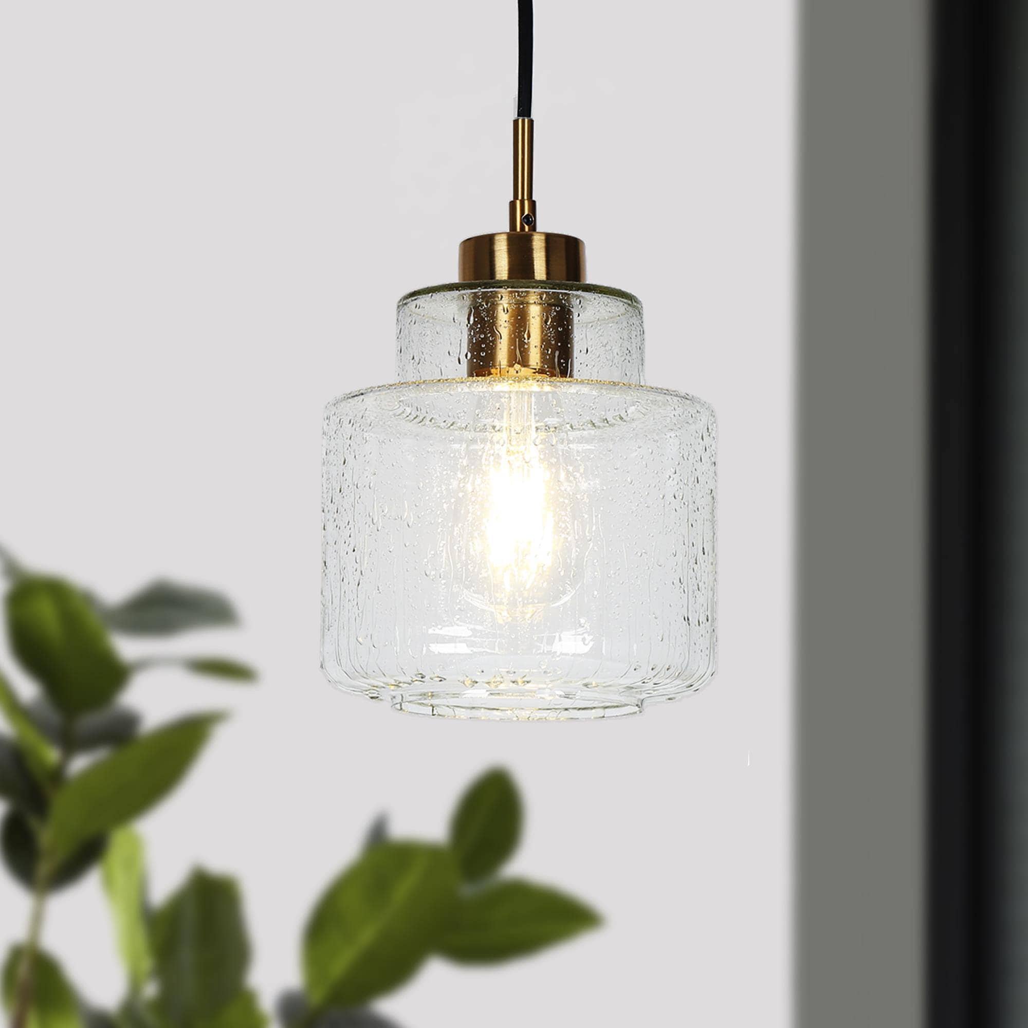 Uolfin 7FFUFF-LWS24921-P8 1 -Light Brass Gold and Raindrops Glass in Drum Shape Modern/contemporary Textured glass Geometric Mini Hanging Kitchen island light