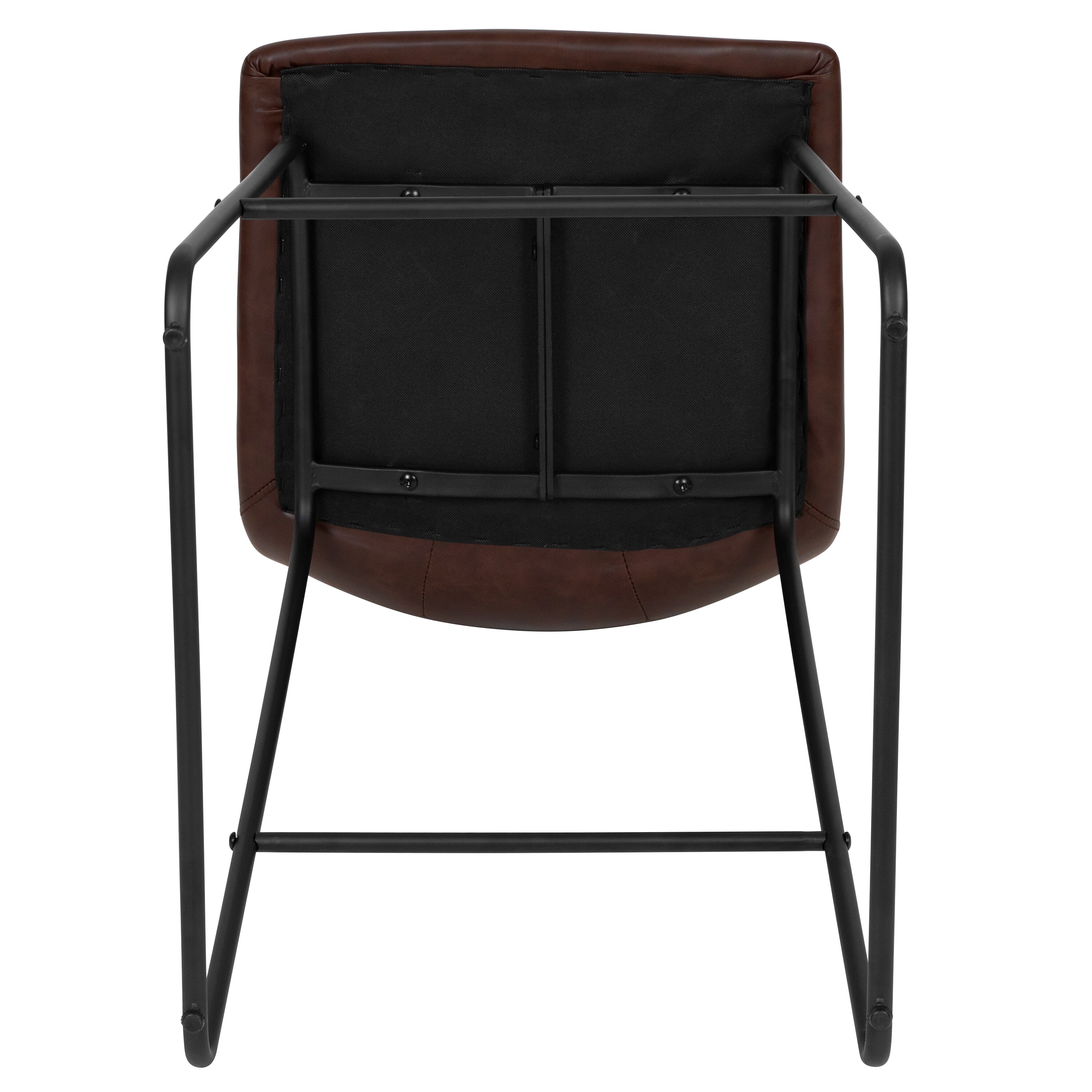 Dark Brown Leather and Metal Bar Height Stools, Set of 2