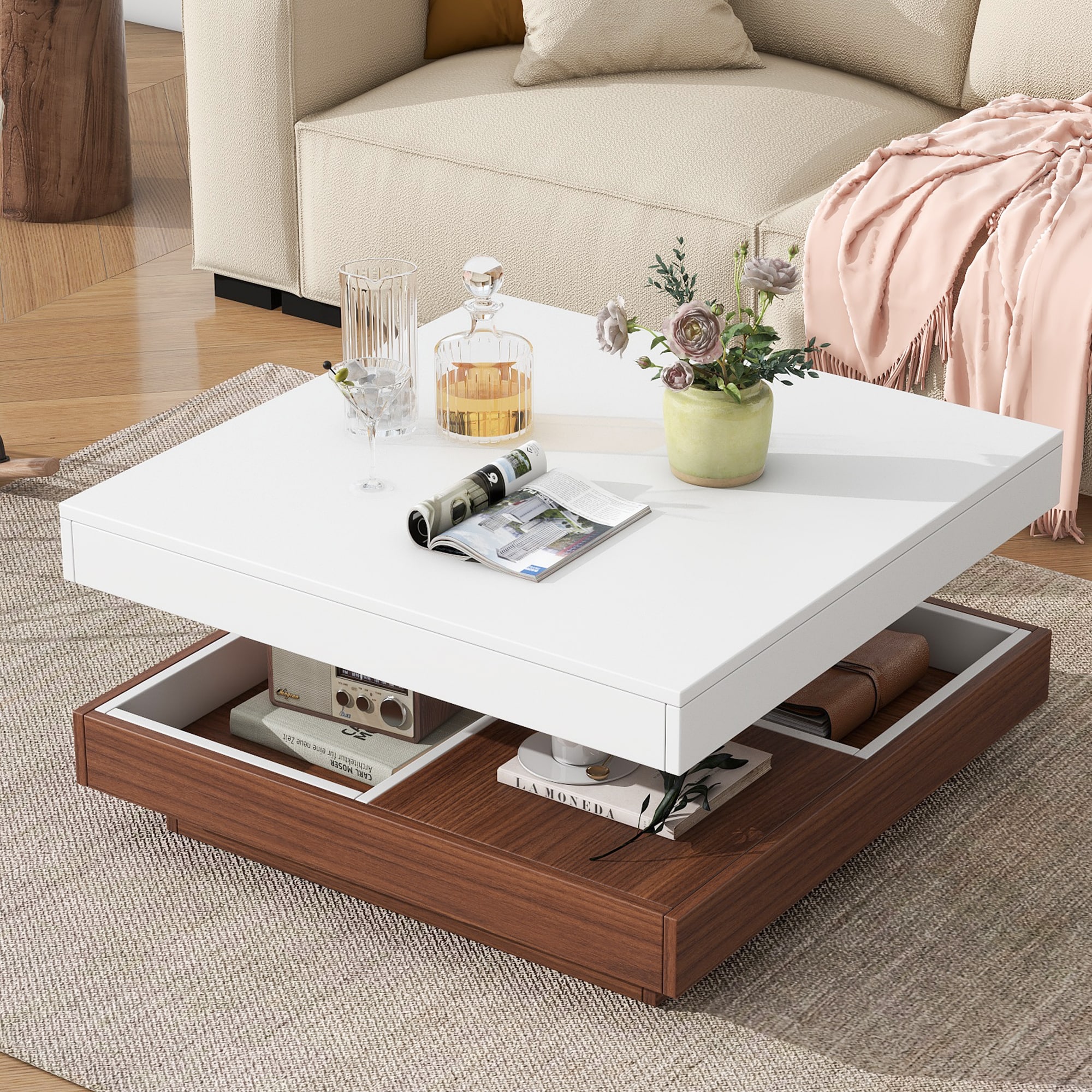 ModernLuxe N721P191981K Modern Square 360°Rotating Coffee Table with Three Detachable Tray 2Tier Farmhouse Wood Center Table with Storage for Living Room White