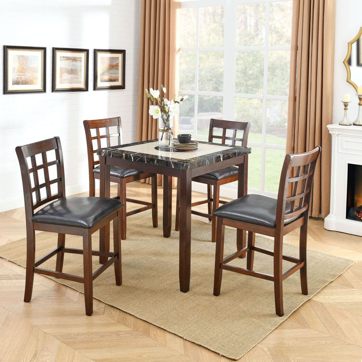 JASMODER W487S00100 5 Pieces Faux Marble Top Counter Height Dining Table And PU Upholstered Dining Chair For Kitchen, Living Room And Dining Room (Table + 4 Chairs)