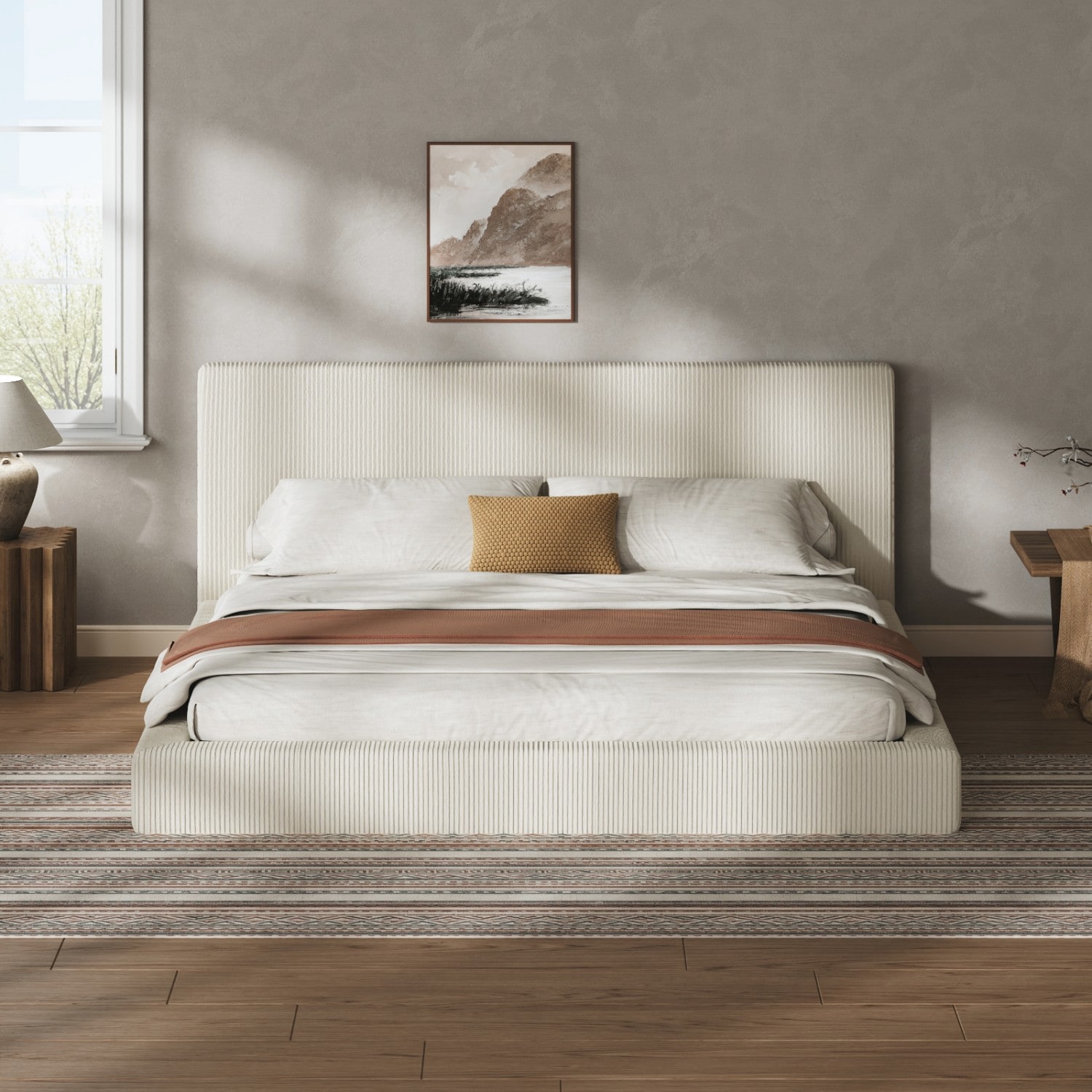 King Cream Bed Frame with Headboard