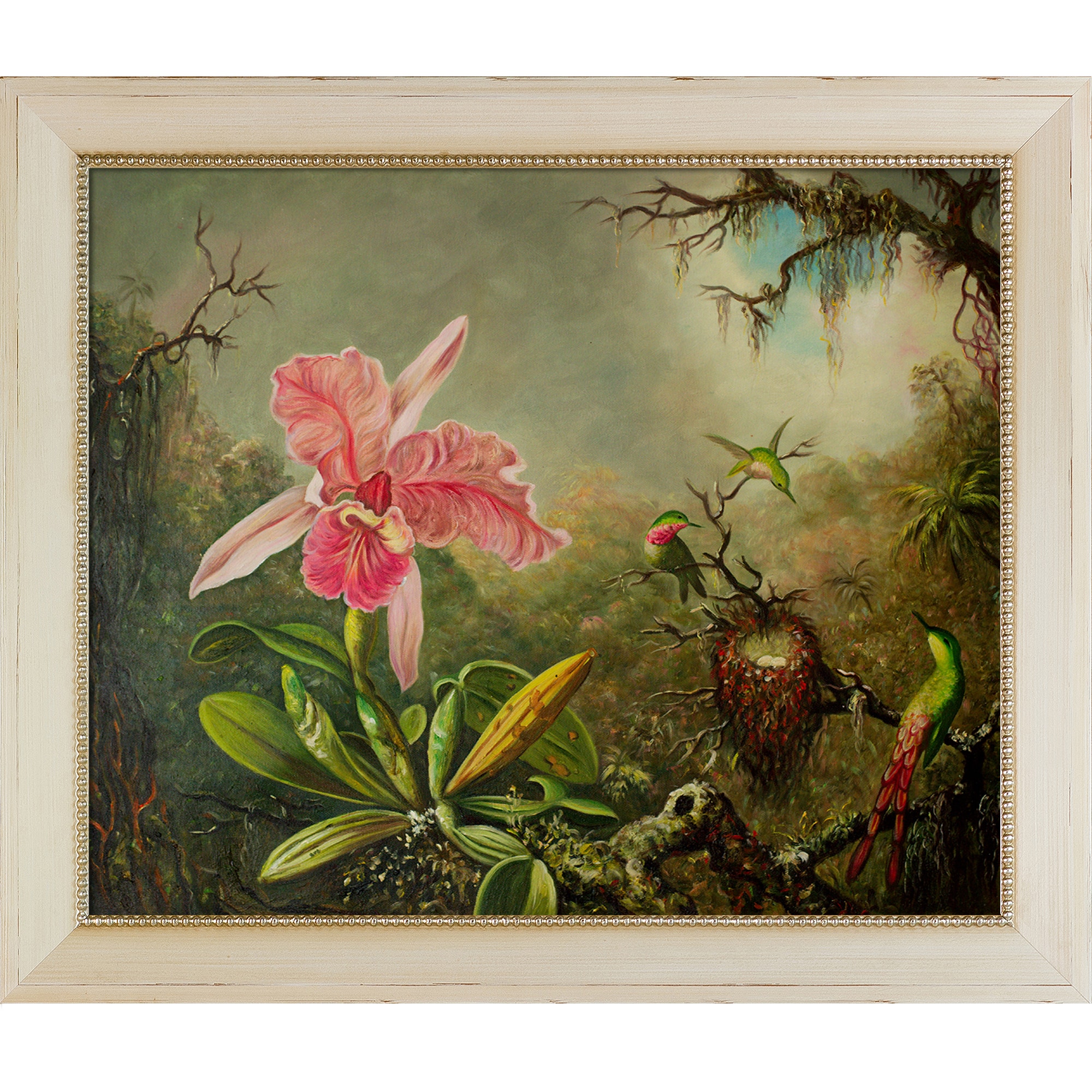La Pastiche 688576891415 Cattleya Orchid and Three Hummingbirds, 1871 Martin Johnson Heade White Wood Framed 24.5-Inches H x 28.5-Inches W Animals Canvas Hand-Painted Painting
