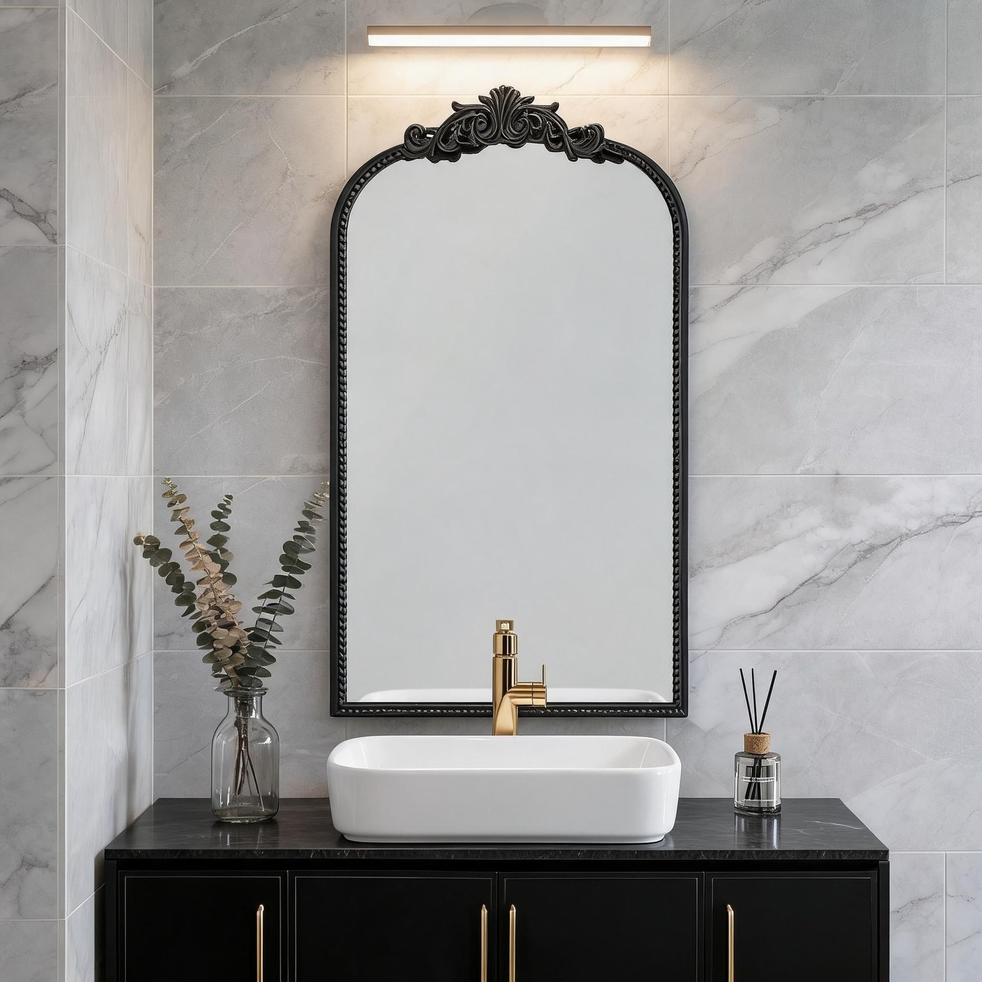IAK 24 inch x 42 inch Matte Black Metal Iron Frame Classic Design Mirror with Baroque Inspired Frame for Bathroom Entryway Console Lean Against Wall