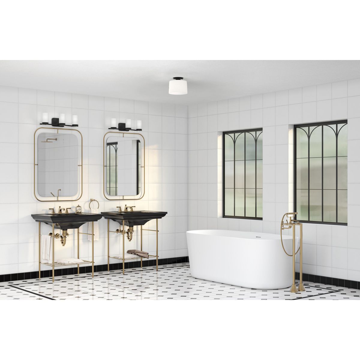 Matte Black 3-Light Bath Vanity with Etched White Glass Shades