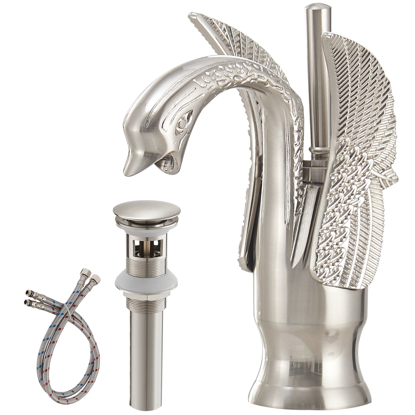 Brushed Nickel Swan Single Handle Bathroom Faucet with Pop Up Drain