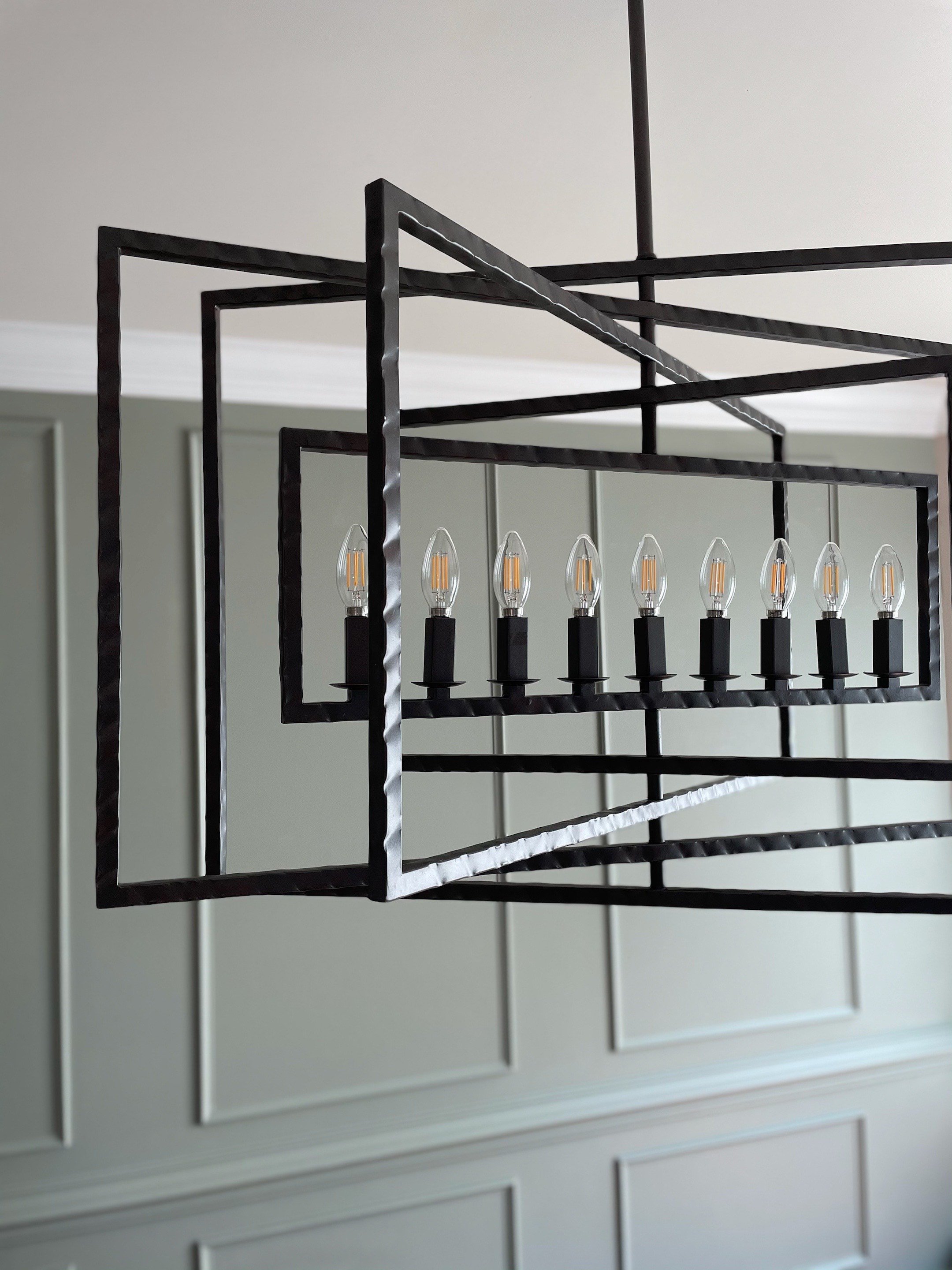 Raw Steel Crystal 9-Light Chandelier with Iron Rectangles