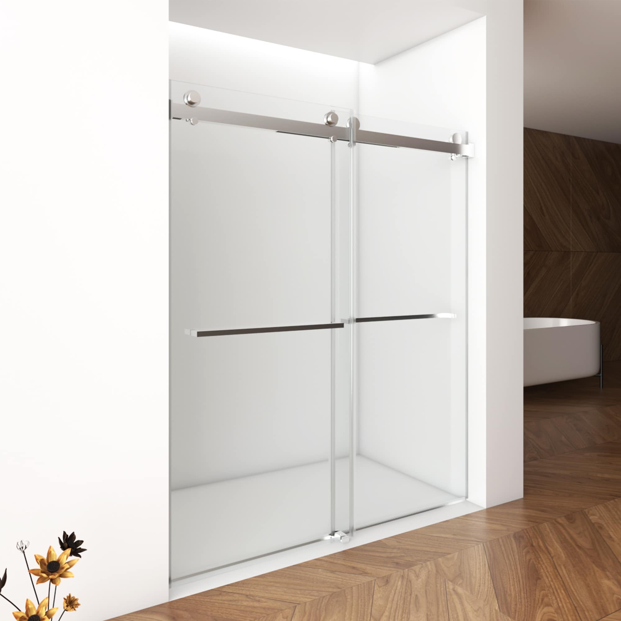 WELLFOR XS-P227865 SD Sliding Shower Door Brushed Nickel 56-in to 60-in W x 70-in H Frameless Sliding Soft Close Shower Door 5/16-in Thick Clear Glass