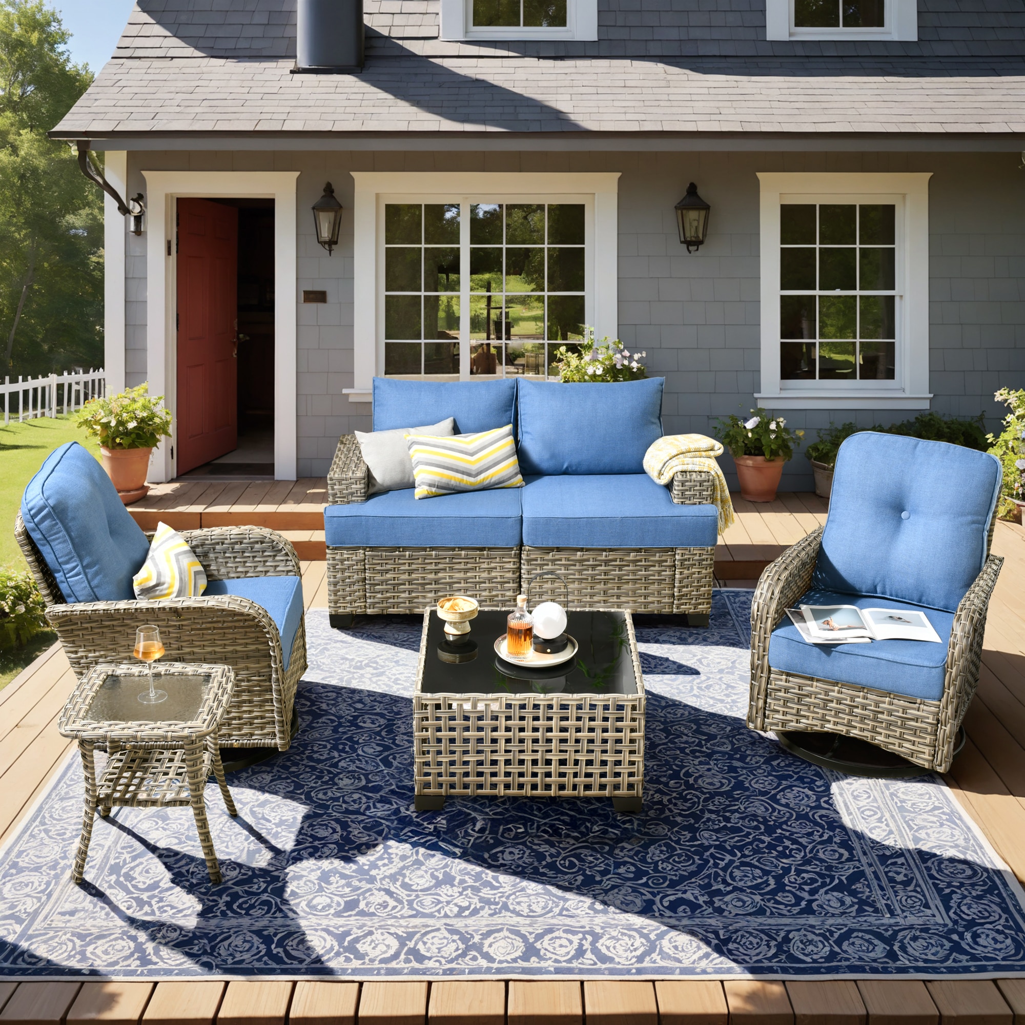 Pouuin SVYZBS505 5 -Piece Wicker Patio Conversation Set with Light Blue Cushions