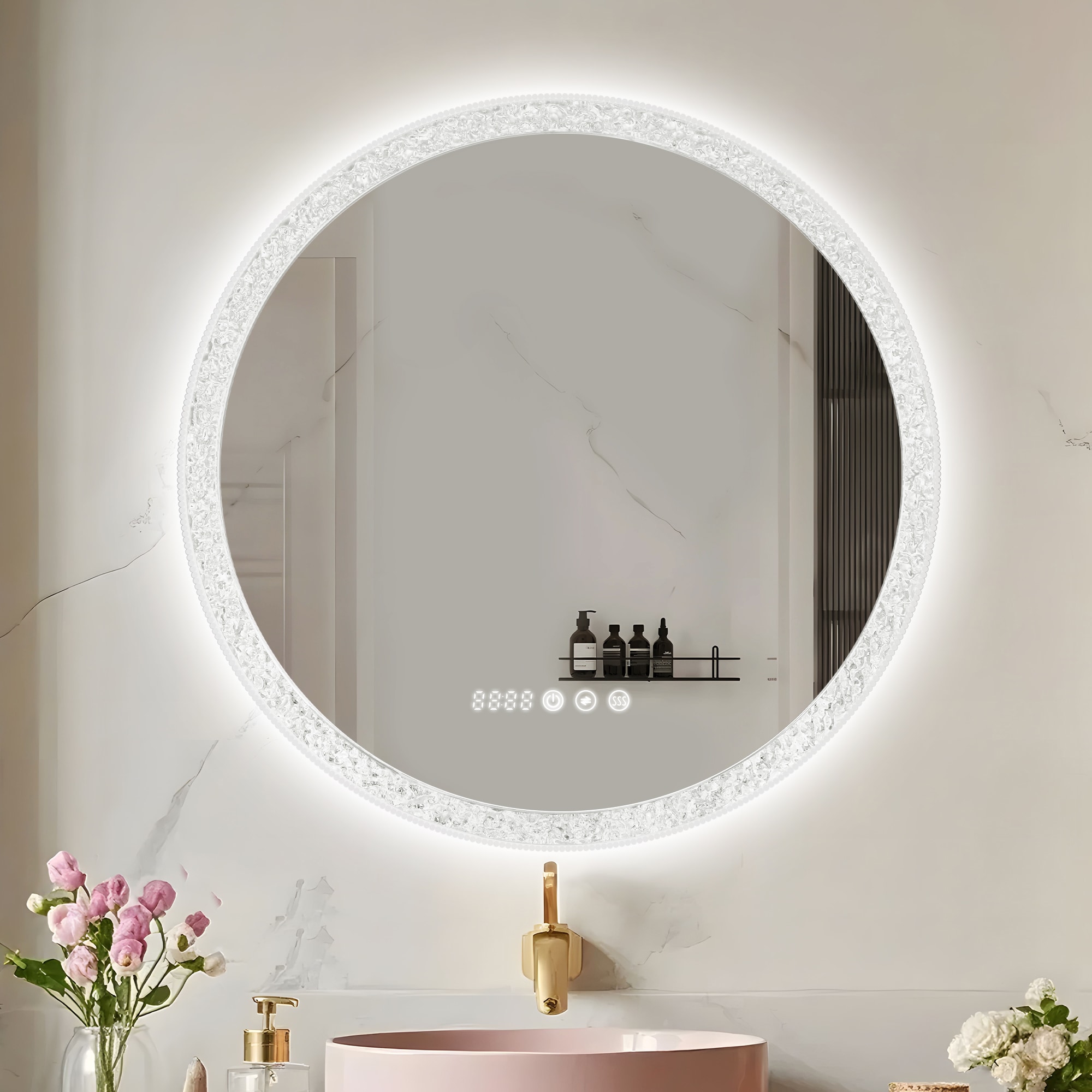VOUA SAF-JDRYRB-WHT 26.79-in x 26.79-in Framed Round Dimmable LED Lighted Fog Free Bathroom Vanity Mirror ( silver )