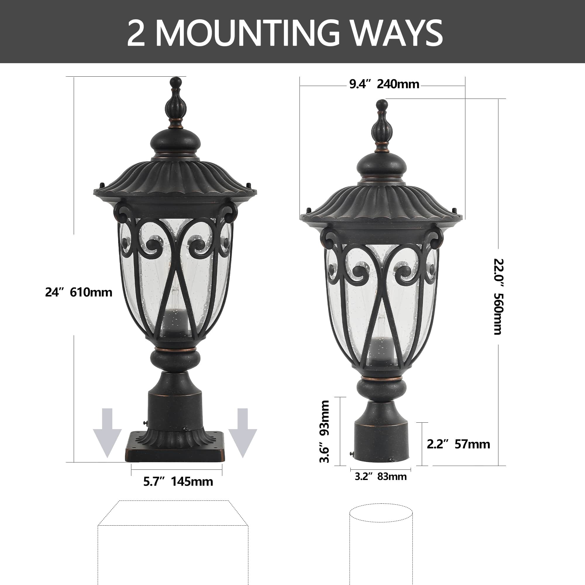 JCFL FTL-OW-016 Vintage Black Outdoor Post Lantern - Waterproof Aluminum Lamp Post Light with Bubble Glass