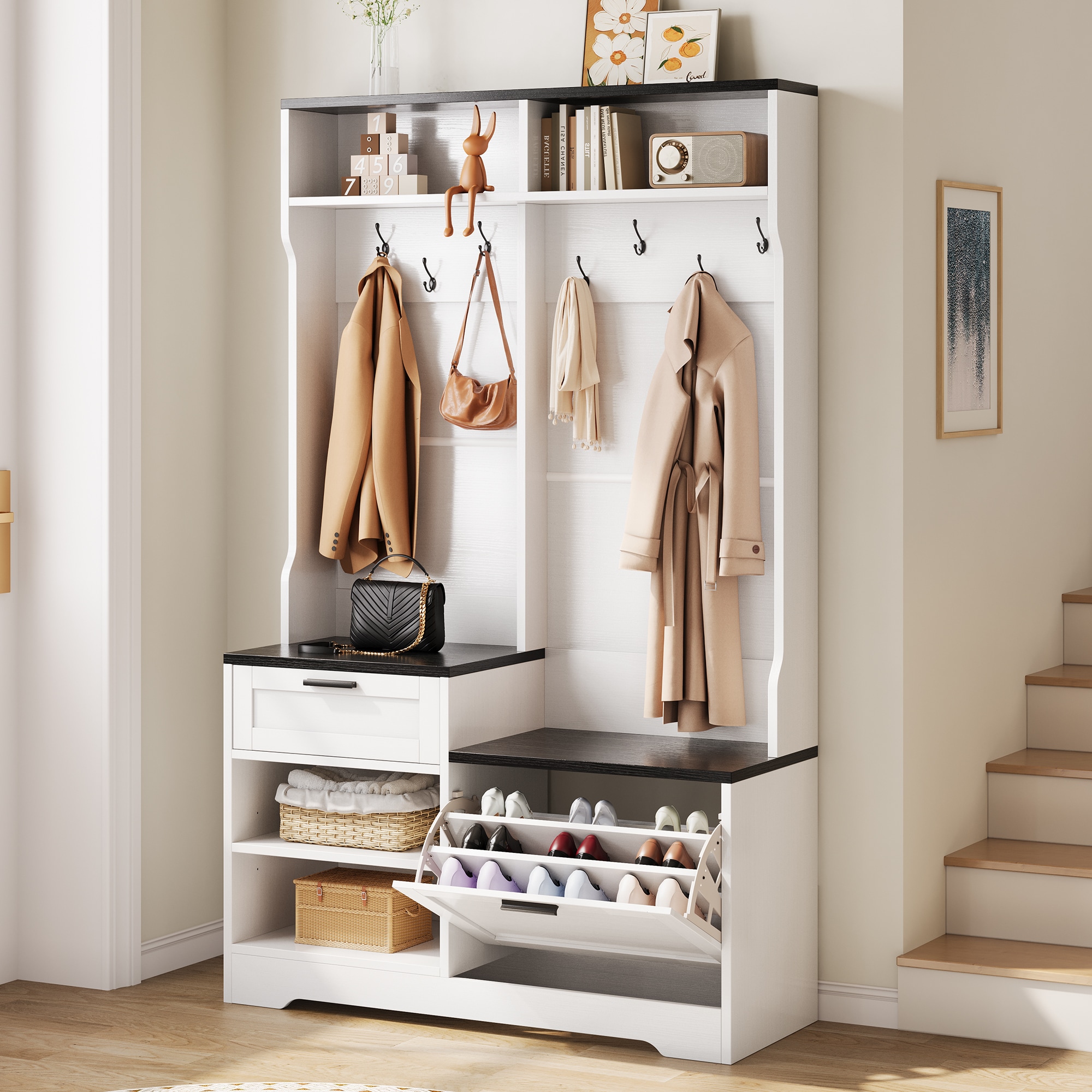 Blisstyle Hall Tree With Bench And Shoe Storage 6 In 1 Entryway Organizer 43.3 In 15.75 In 70.87 In MDF Wood Embossed White Black Wood Grain Finish Entryway Shoe Storage Organizer Bench Shoe Shelf Shoe Rack