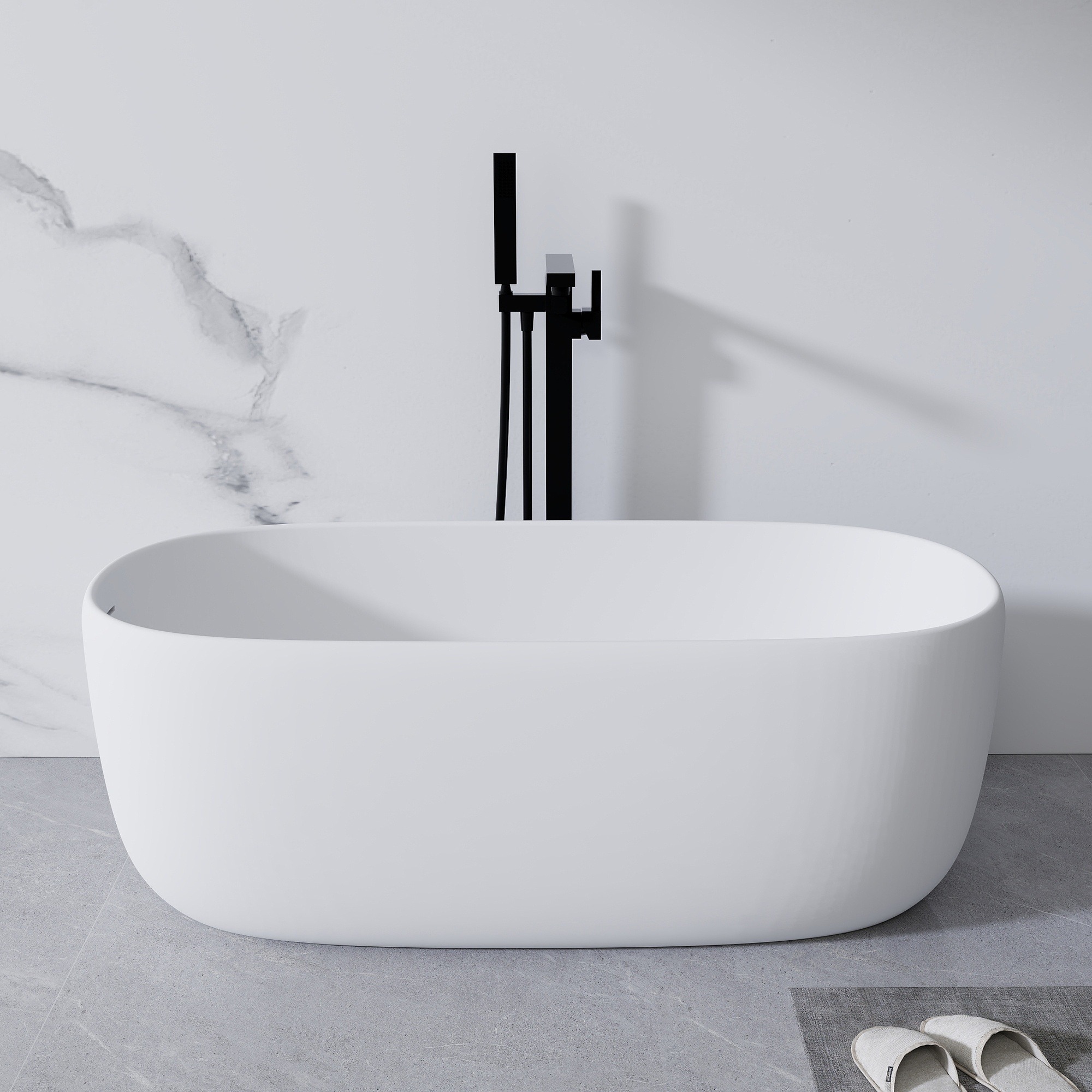 IAK 51 inch Matte White Solid Surface Freestanding Bathtub with Overflow and Pop-up Drain