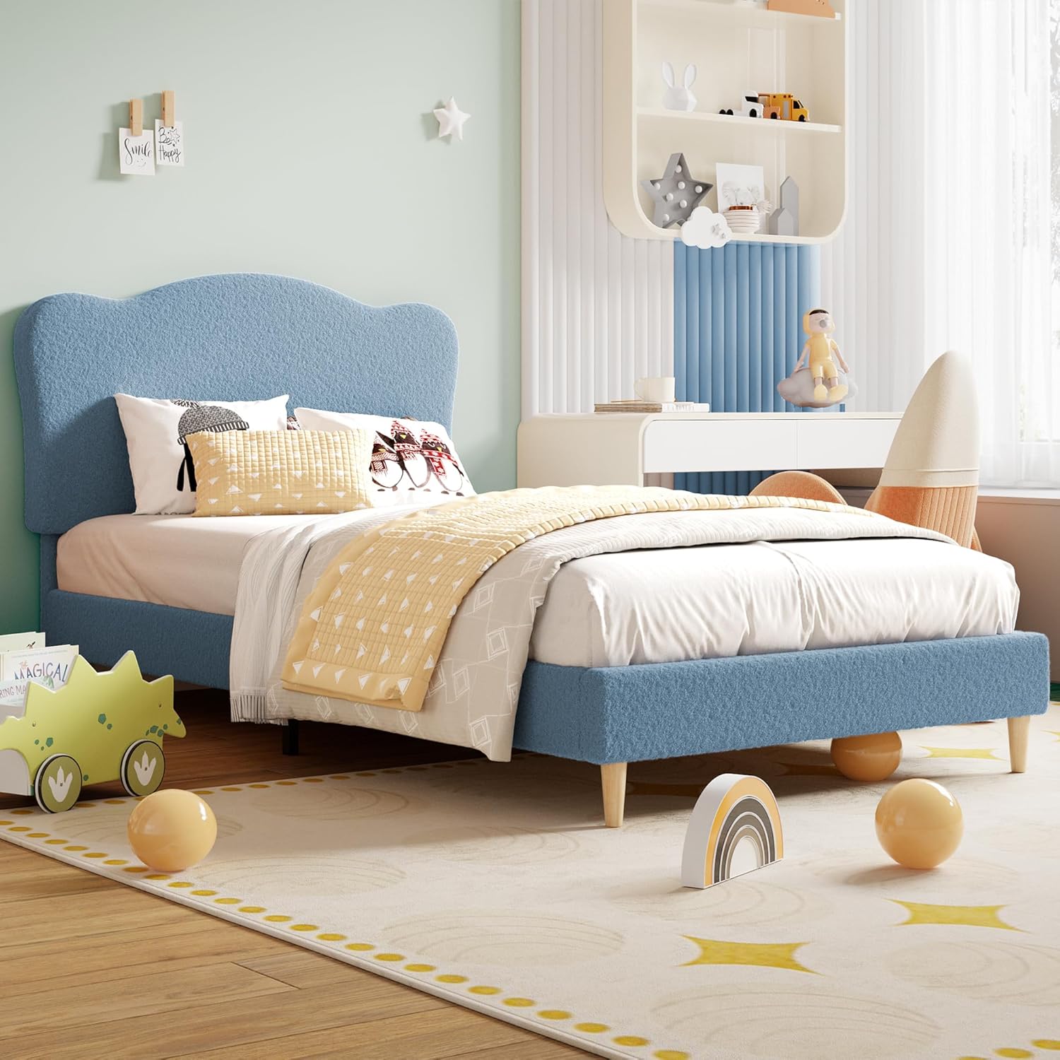 Qeetex LHF-BED-PHO-1502TBFR Twin-XL Size Upholstered Bed Frame with Adjustable Headboard Boucle Upholstered Platform Bed for Kids Strong Wood Slats No Box Spring Needed Noise-Free Easy Assembly Blue