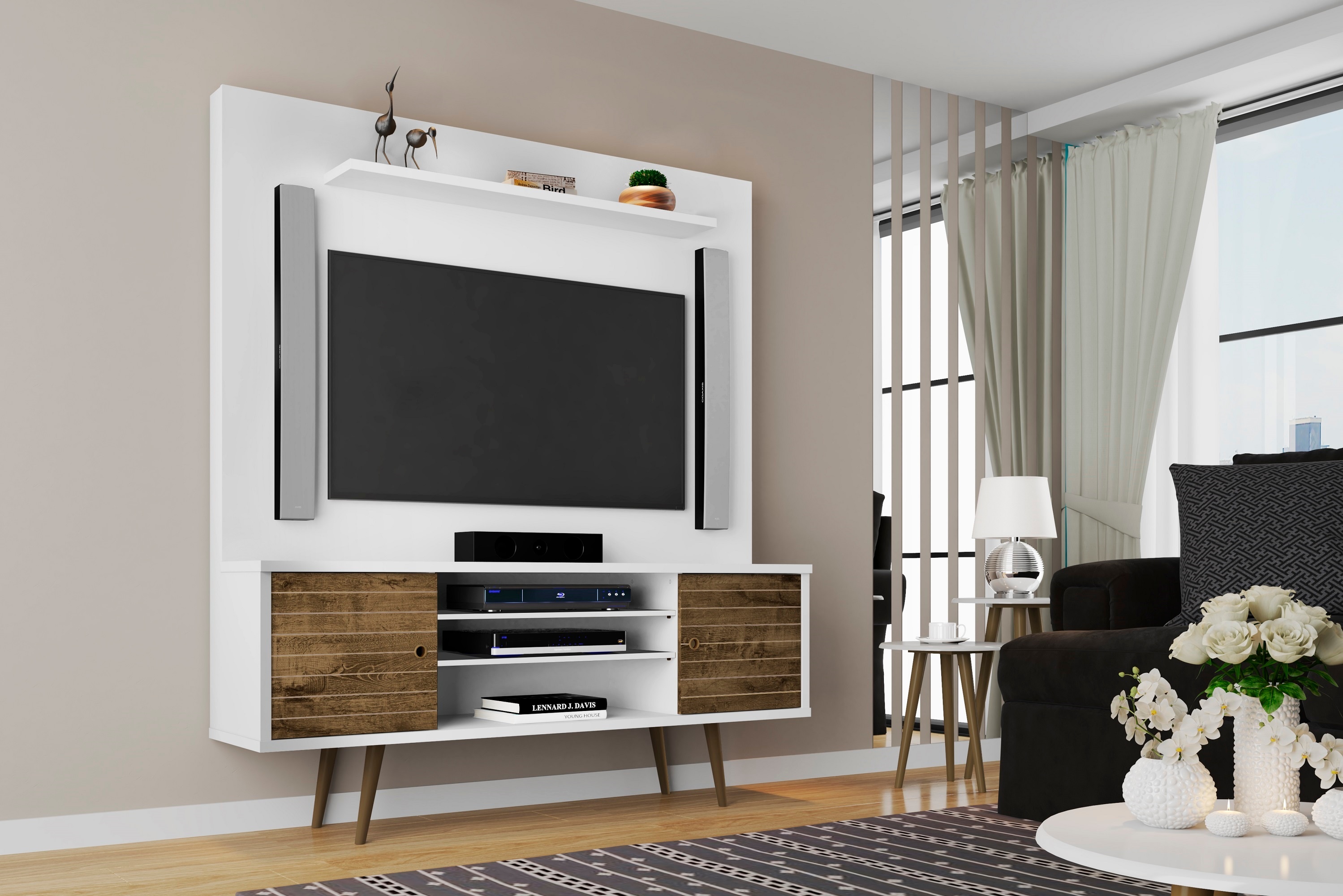 Manhattan Comfort 213BMC69 Liberty Modern/Contemporary White and Rustic Brown TV stand Integrated TV Mount ( Accommodates TVs up to 60-in )
