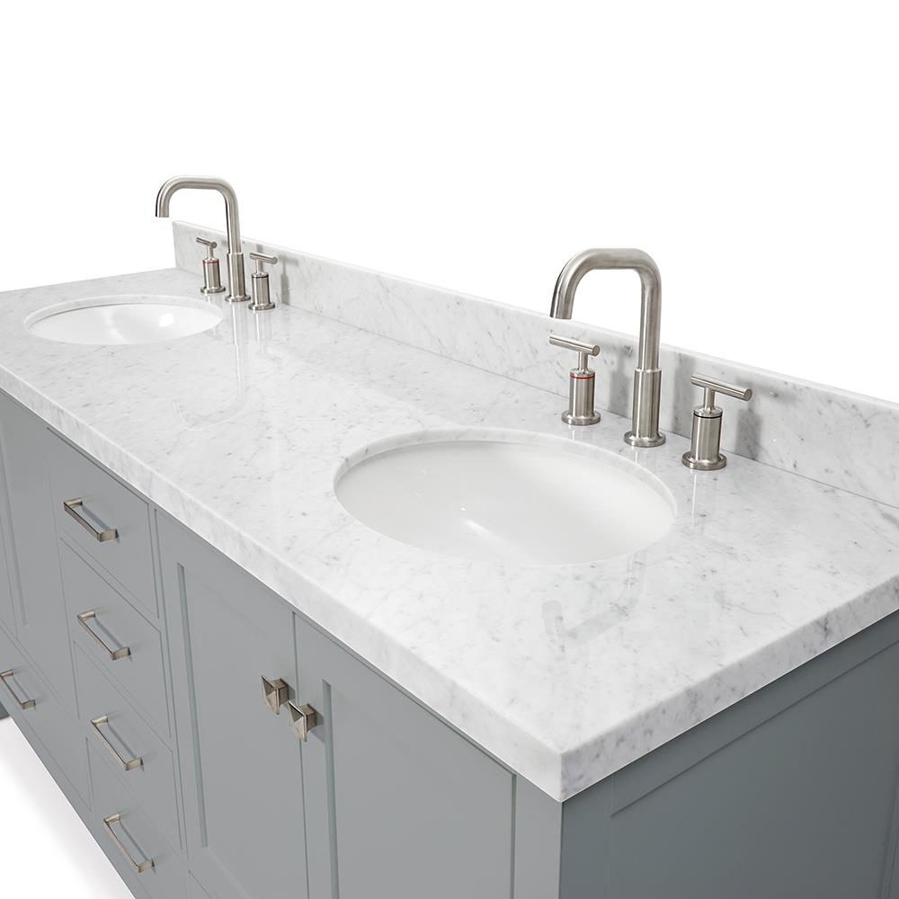 ᐅ【Sydney 60Bathroom Vanity with Engineered Marble White Carrara Color top  8 faucet holes, Double Rectangle Undermount Sinks, 2 Soft Closing Doors and  4 full Extension Dovetail Drawers