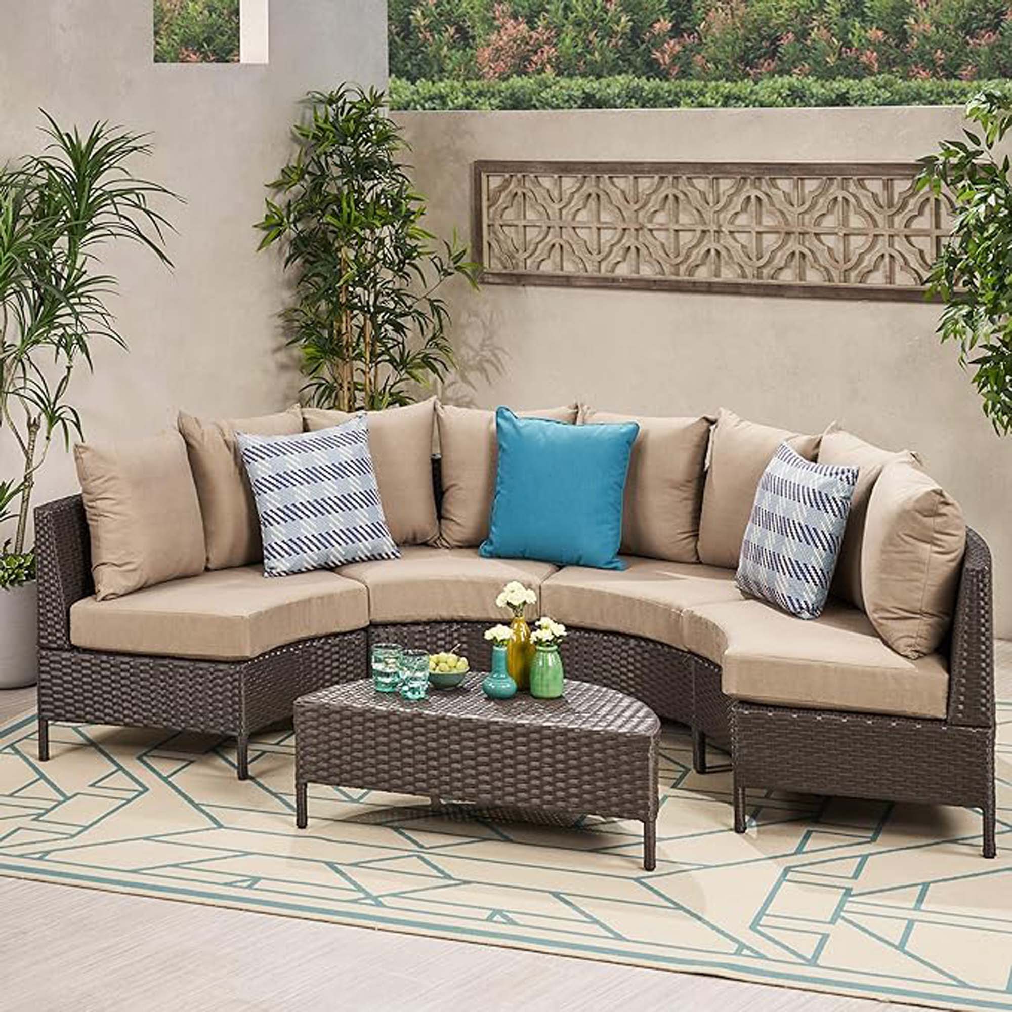 Clihome Patio Sectionals Sofas Wicker Outdoor Sectional with Brown Cushions and Iron Frame